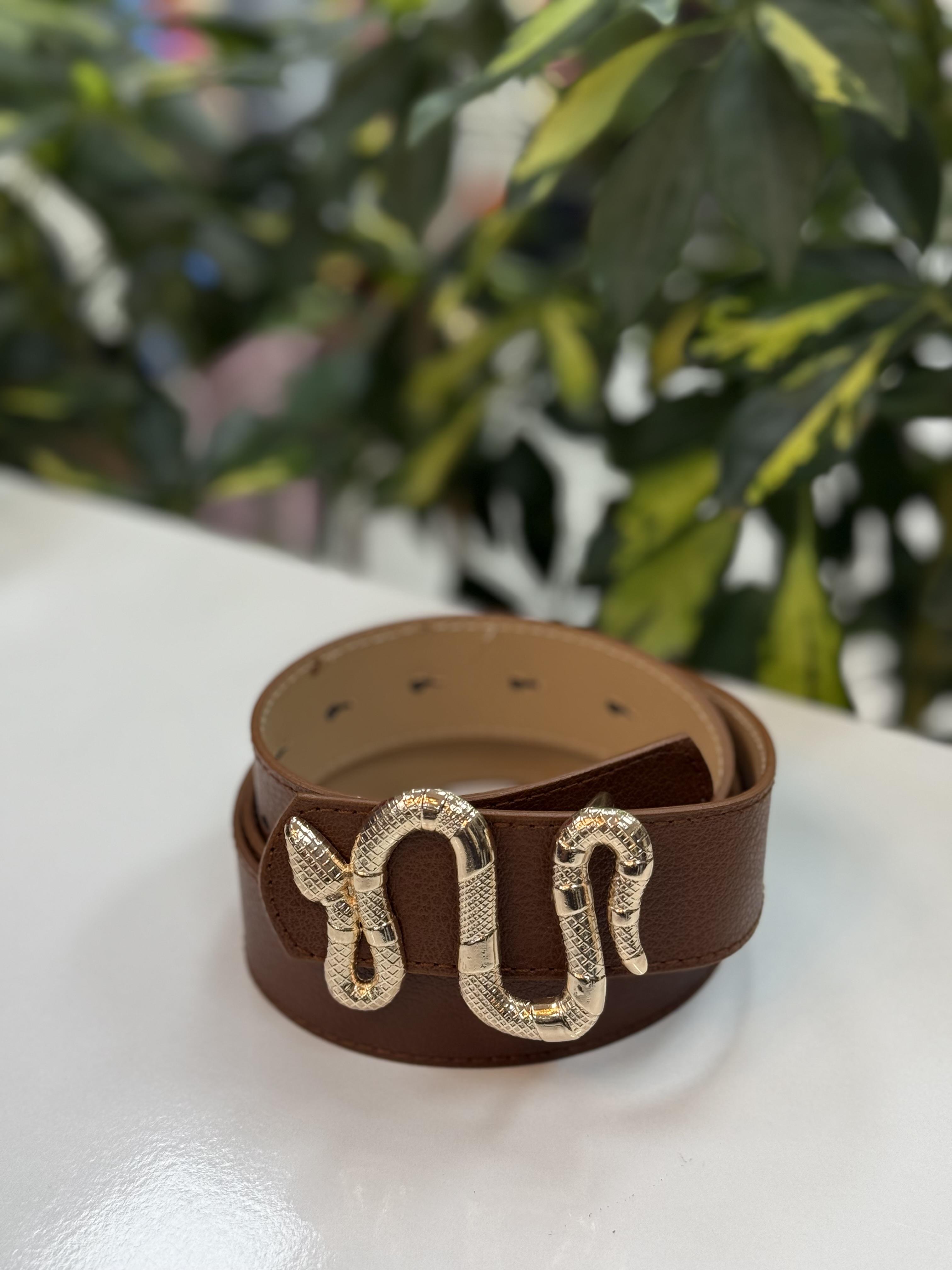 Yılan Tokalı Elbise Kemeri Kahve Gold