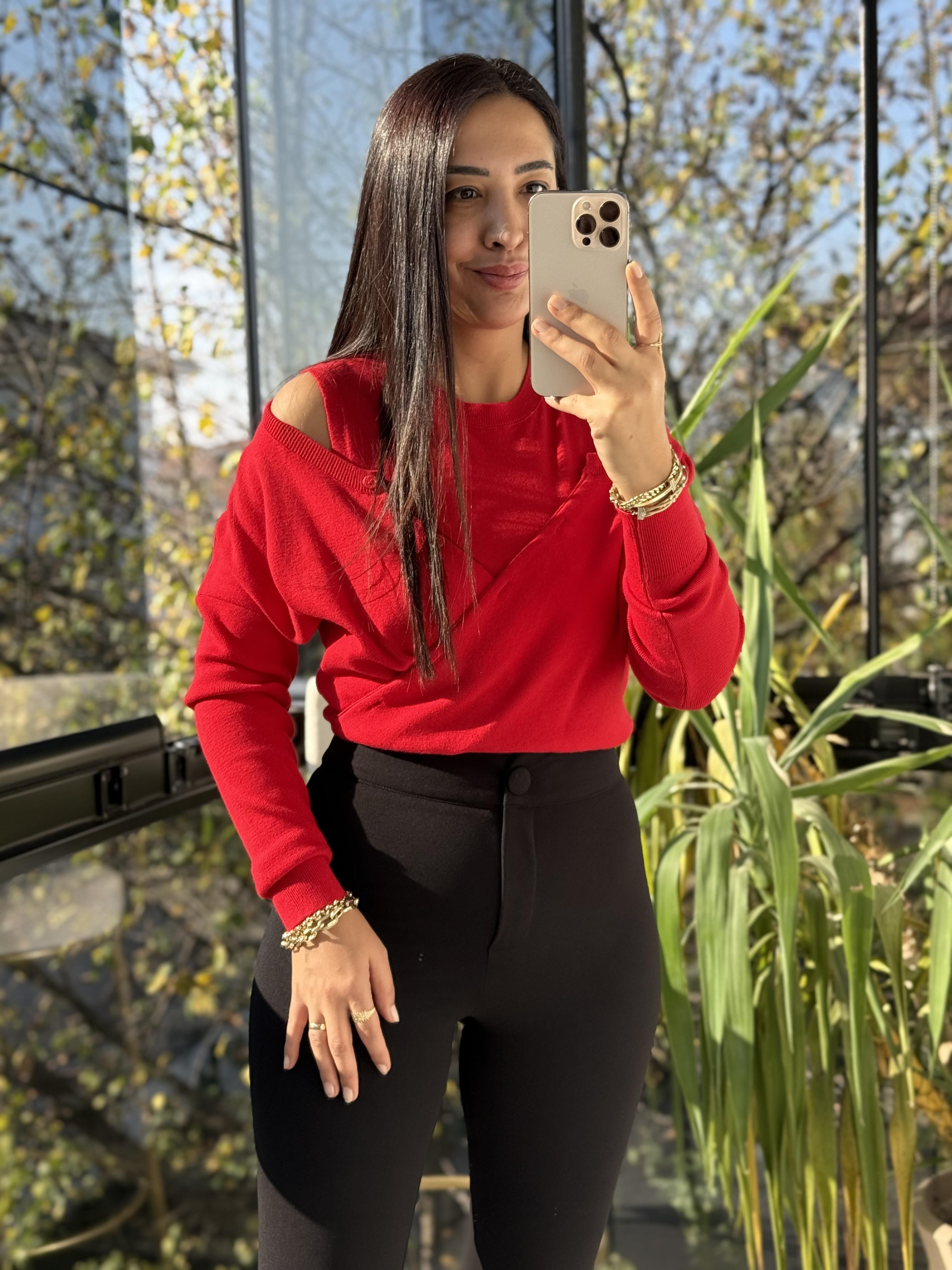 Çift Parçalı Triko Bluz Kırmızı