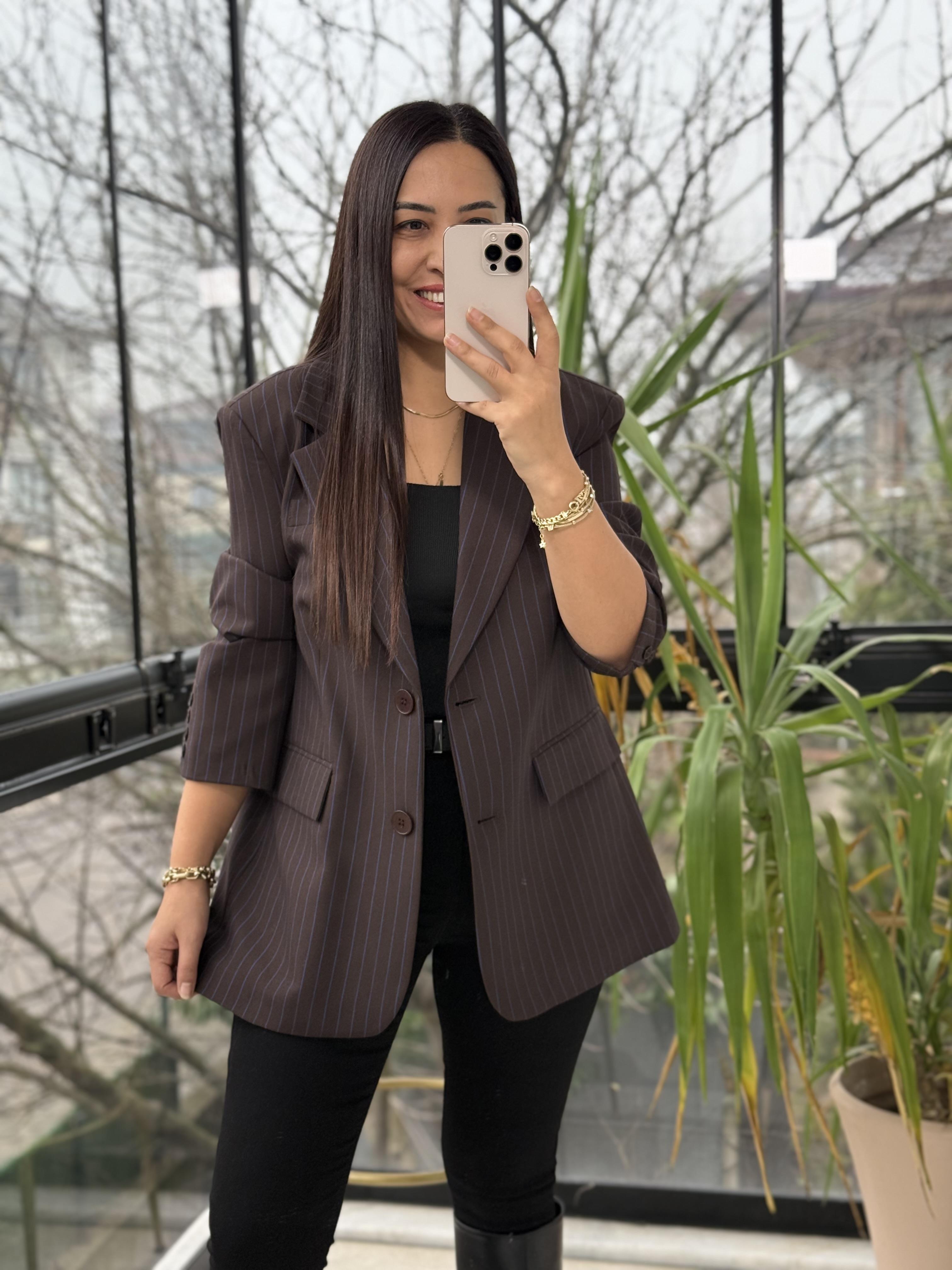 Çizgili Bezayağı Blazer Ceket Kahve