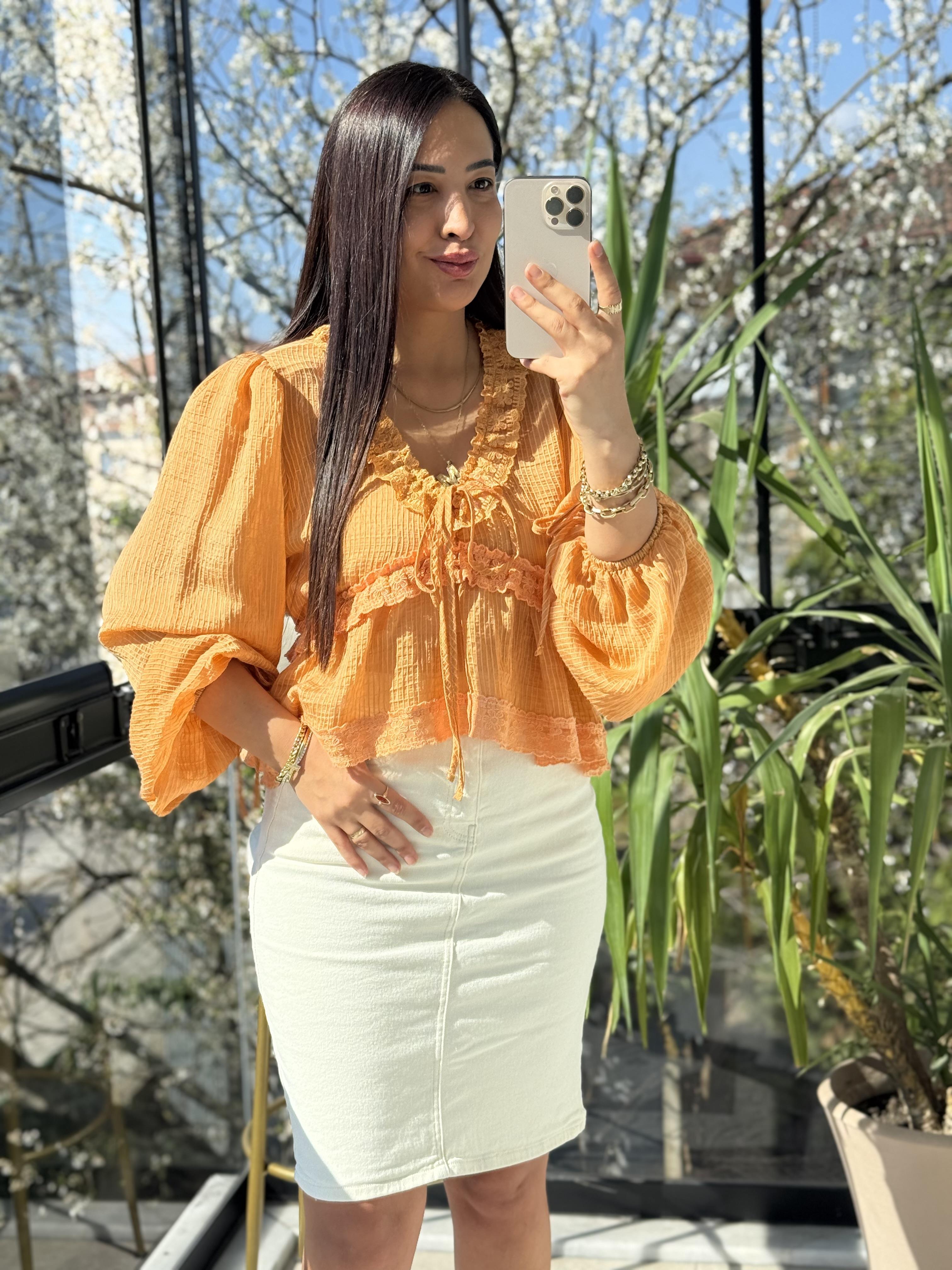 Dantelli Uzun Kol Bluz Turuncu