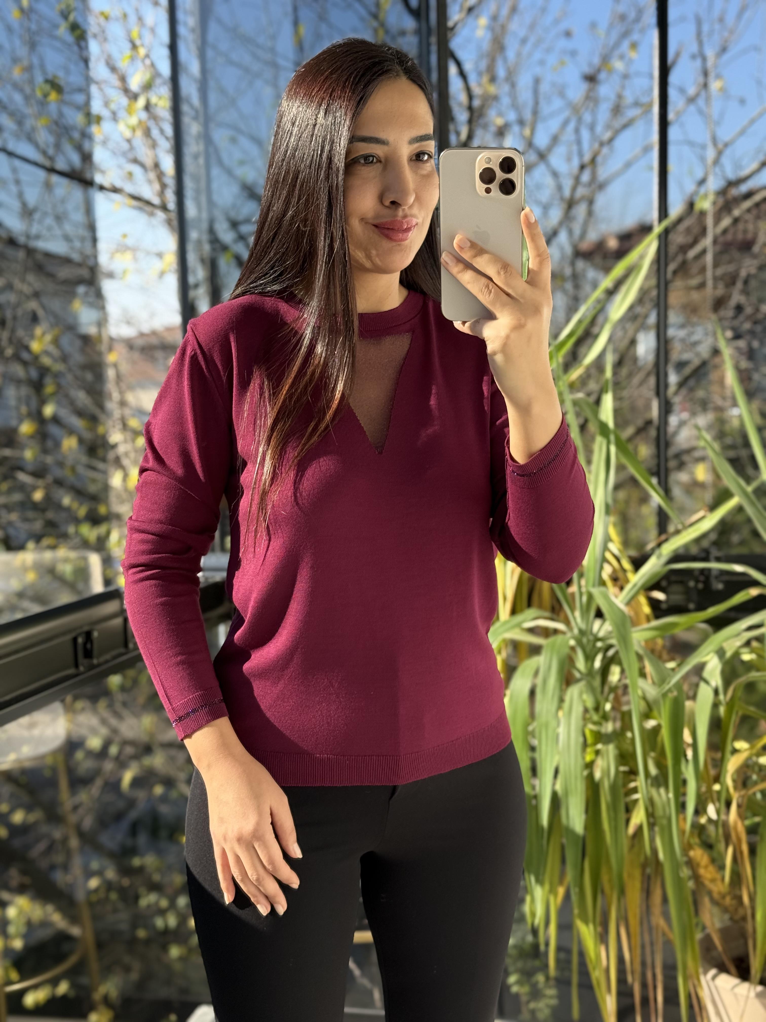 Tül Yaka Detaylı Merserize Triko Mürdüm