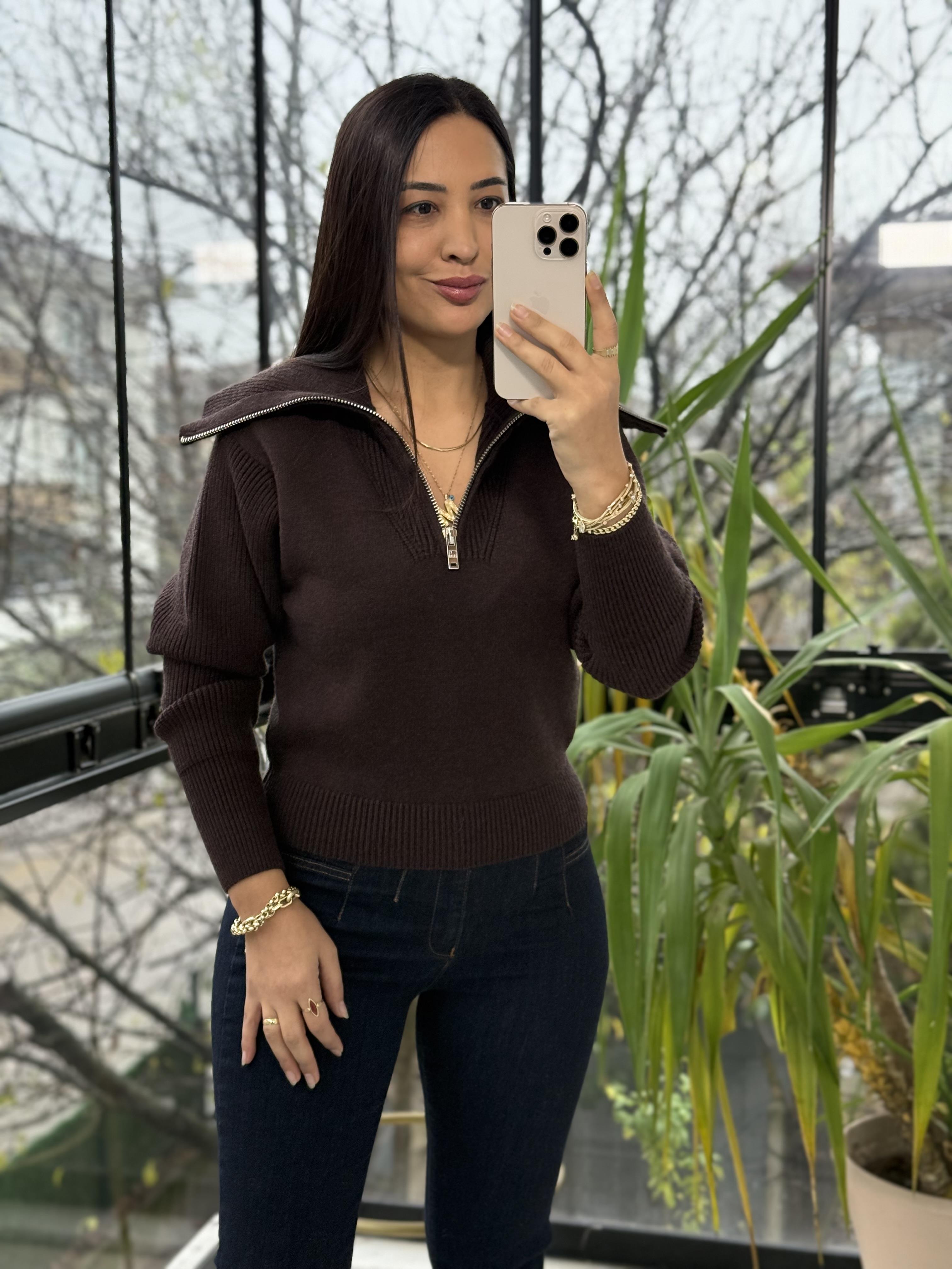 Fermuarlı Crop Triko Kazak Kahve