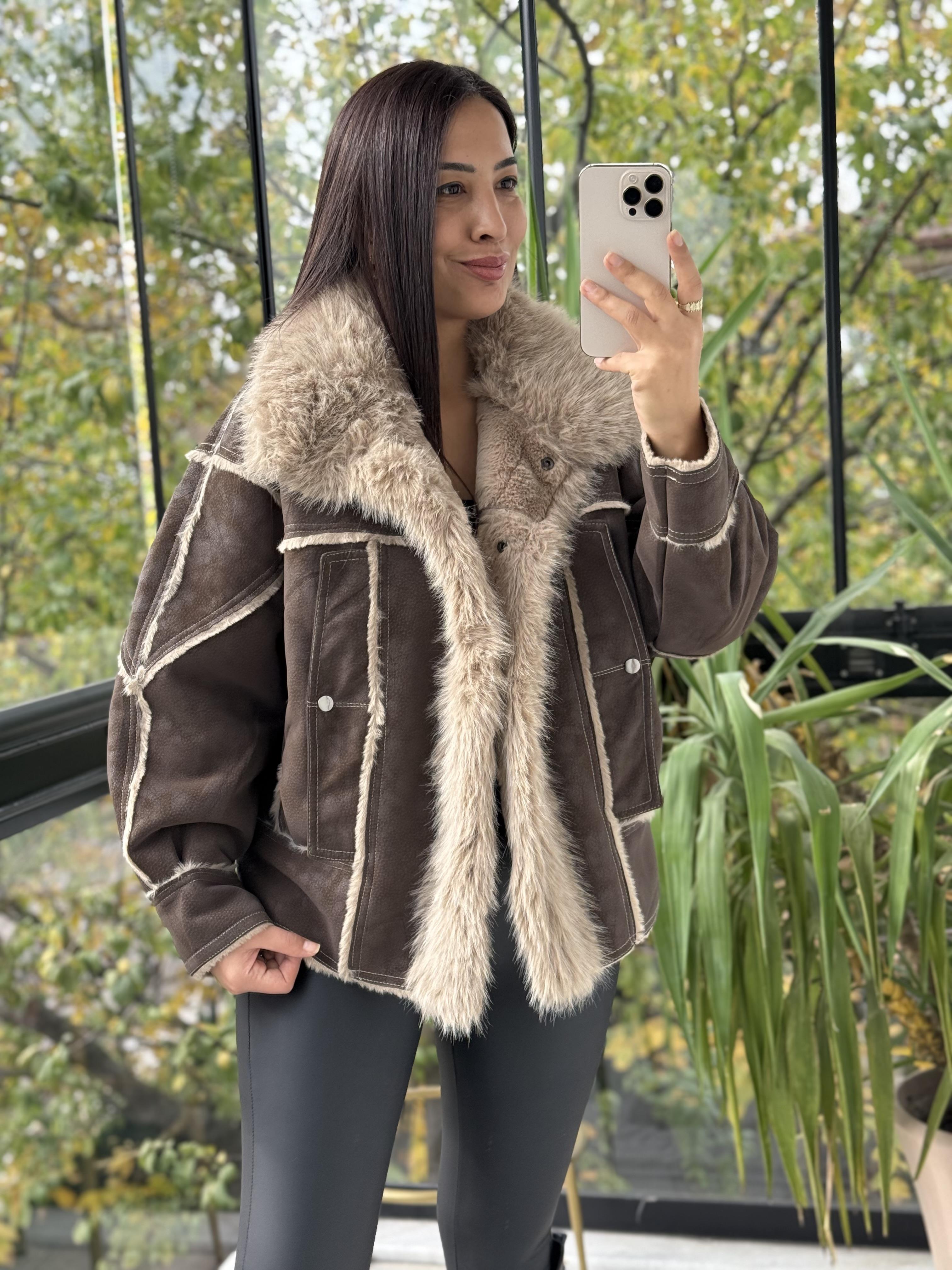 Kürk Detaylı Nubuk Mont Koyu Kahve