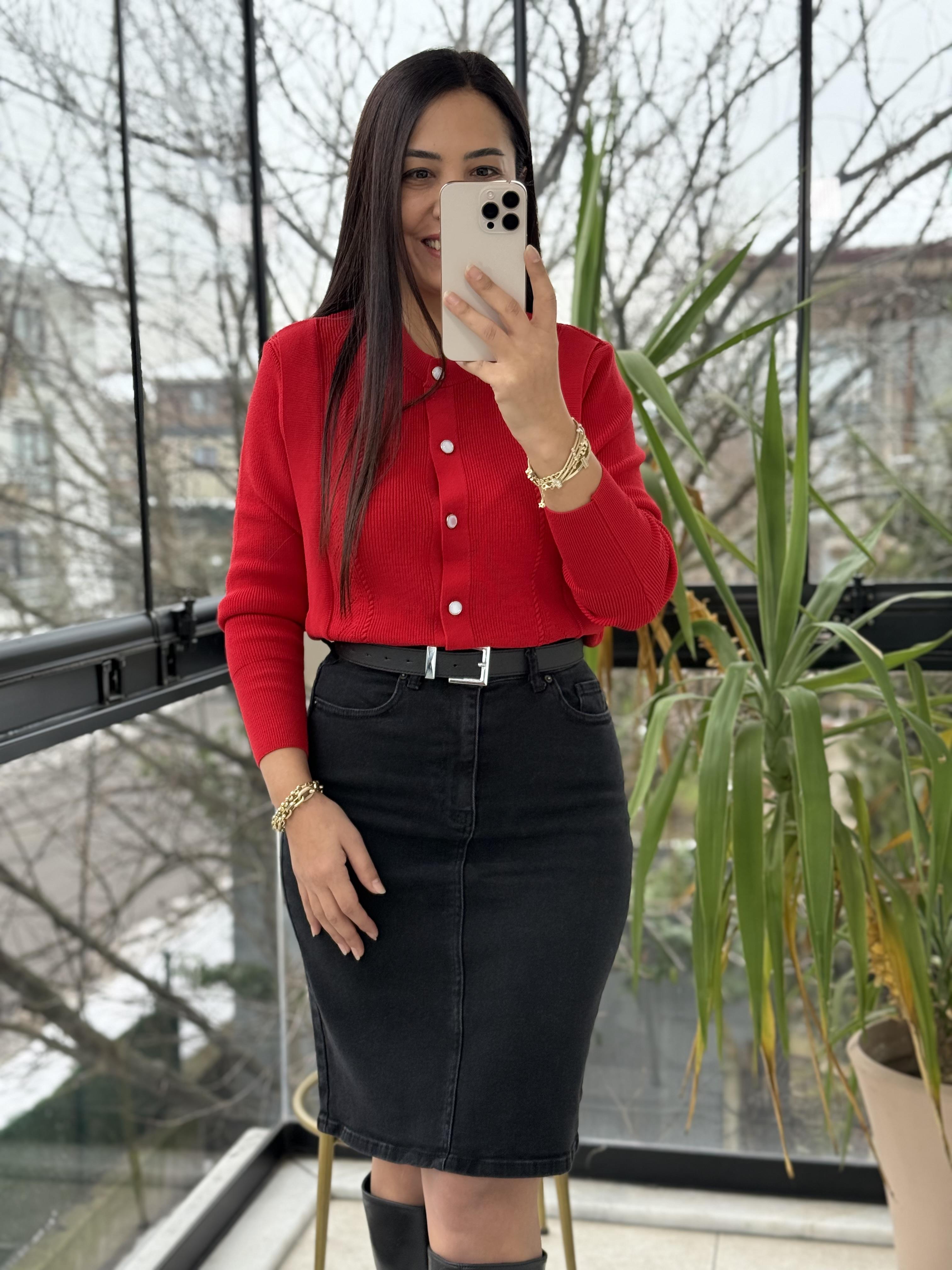 Triko Detaylı Bluz Kırmızı