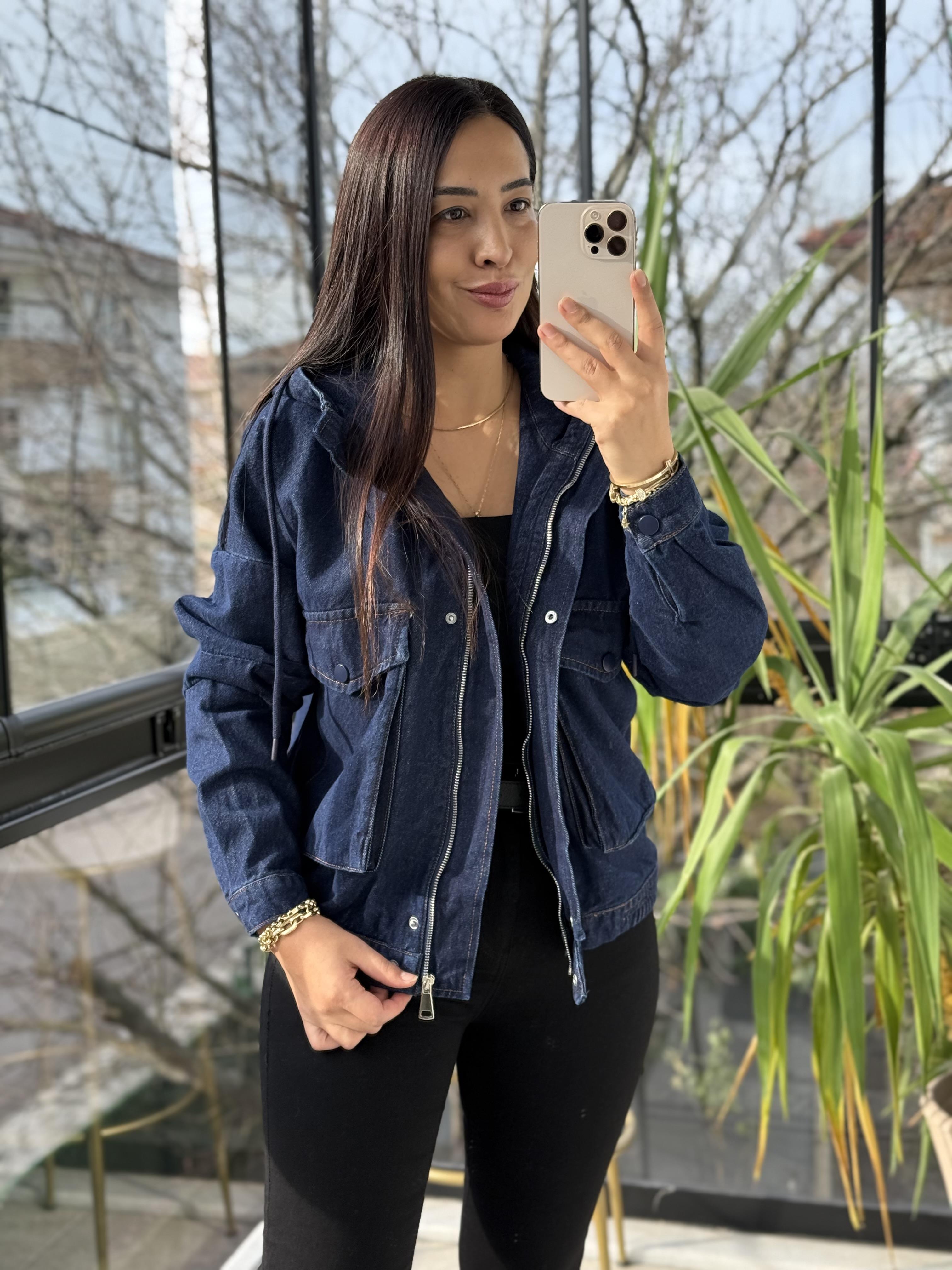 Kapüşonlu Kot Ceket Lacivert