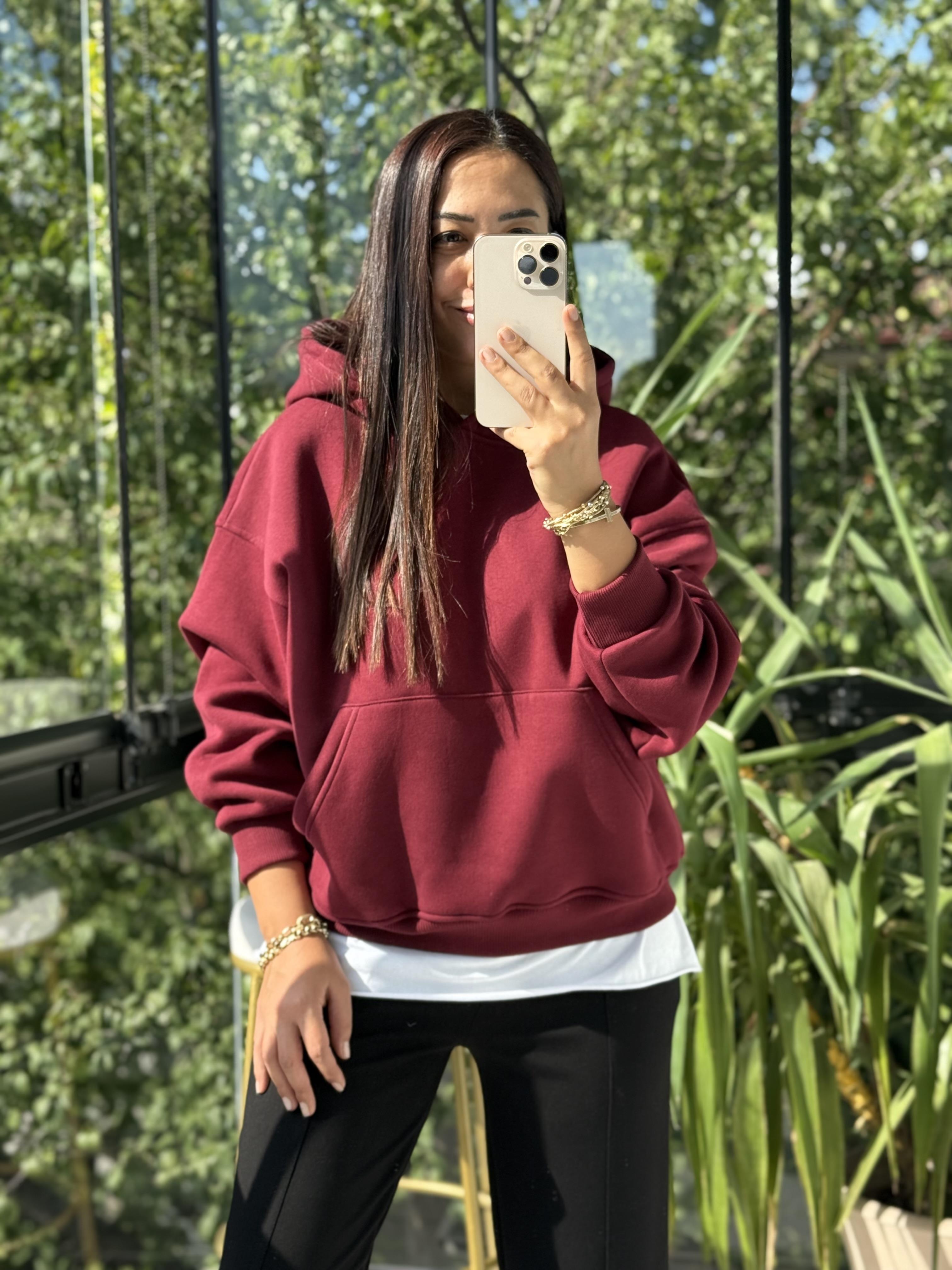 Kanguru Cep Kapşonlu Sweatshirt Bordo