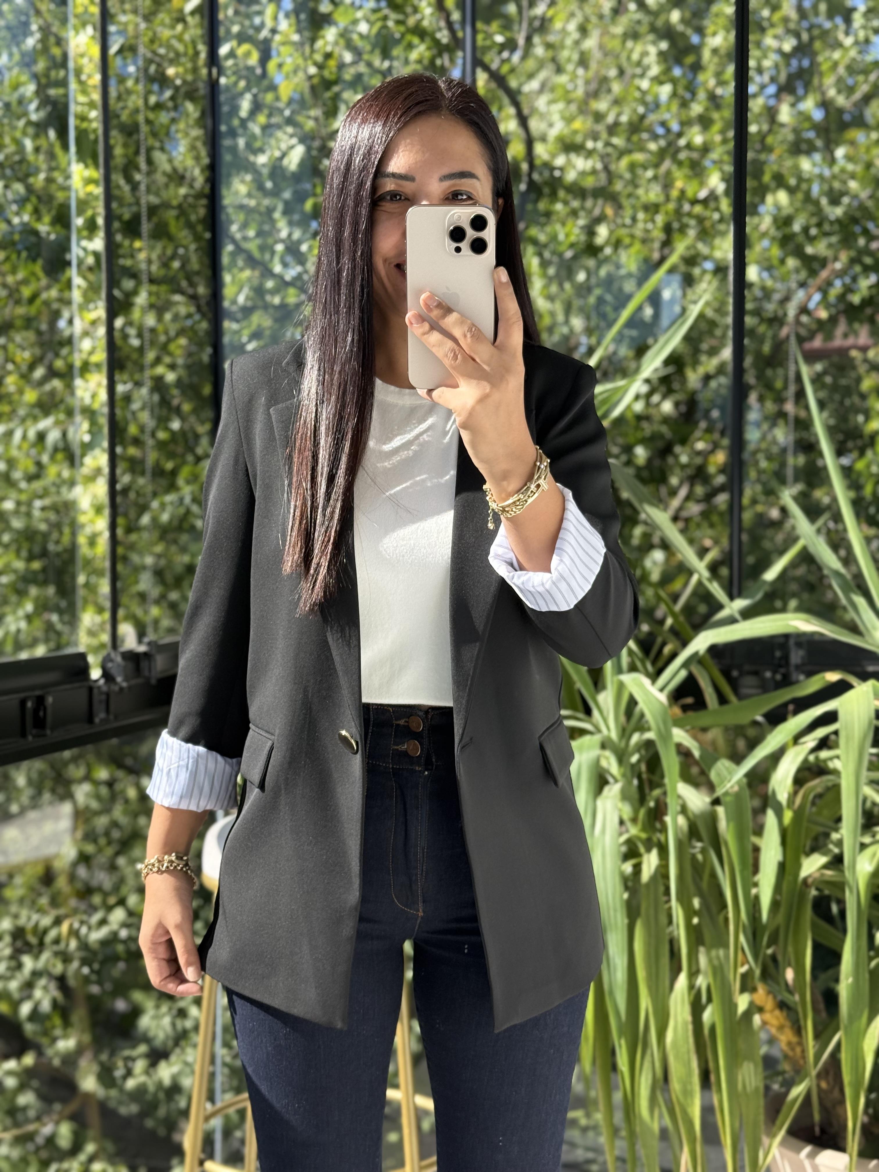 Kol Astarı Garnili Tek Düğme Blazer Ceket Siyah