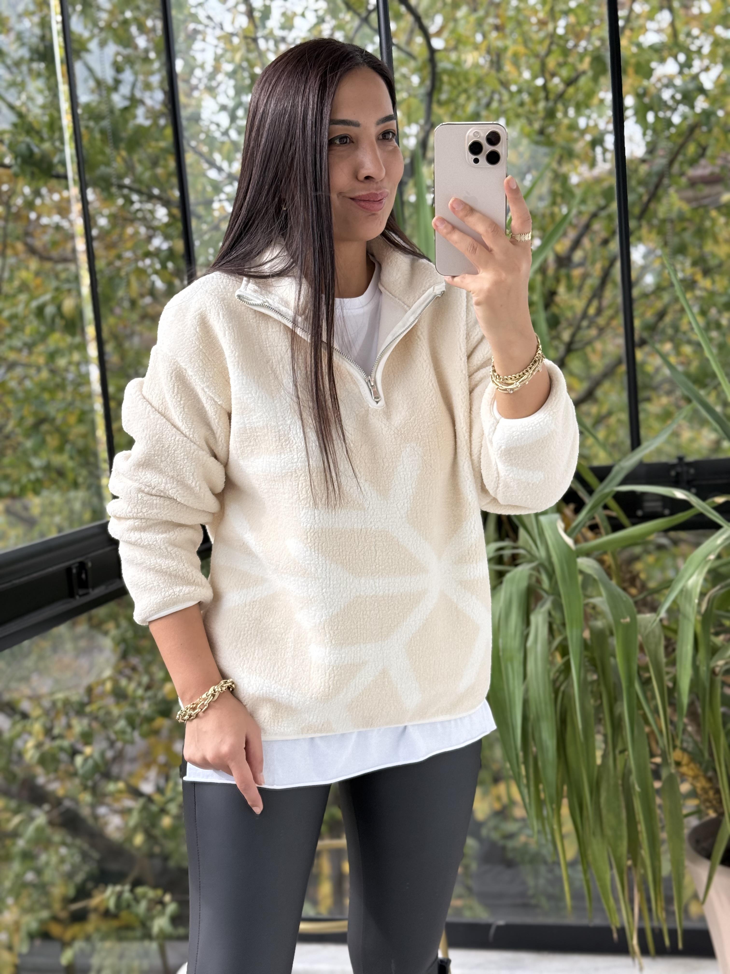 Desenli Fermuarlı Polar Sweat Bej