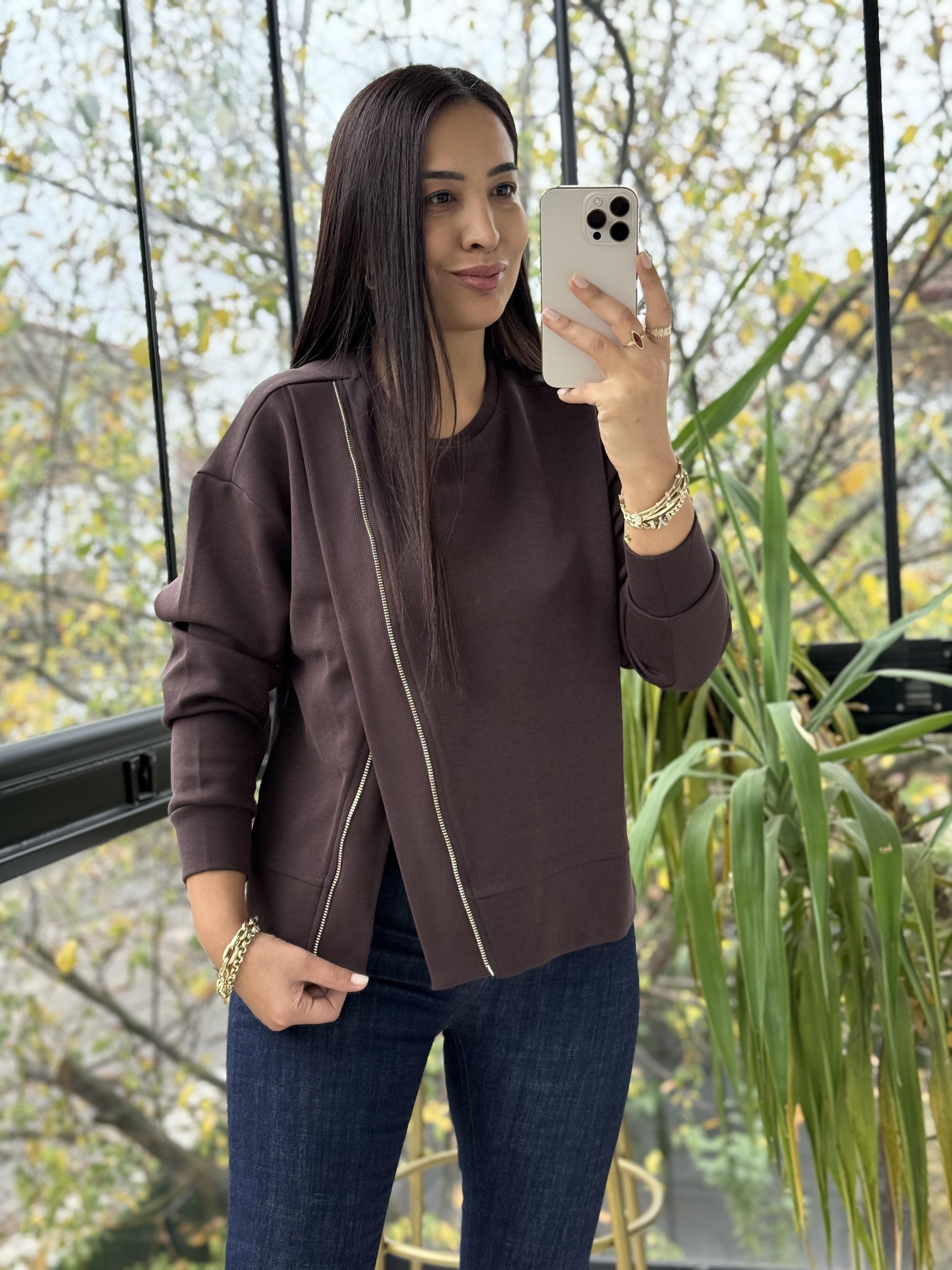 Asimetrik fermuarlı Sweathirt Kahve