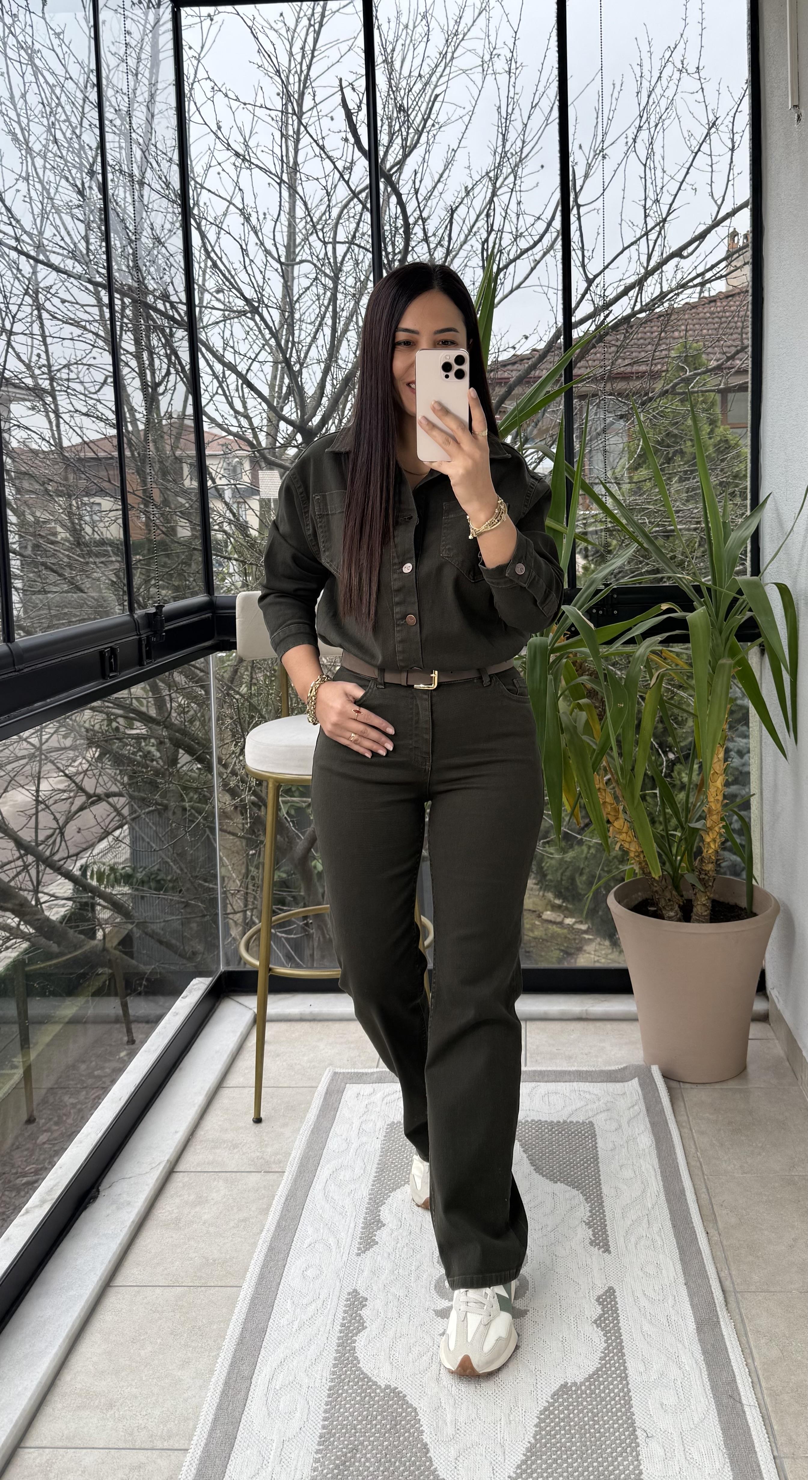 Beli Büzgülü Klasik Kot Tulum Haki Yeşili