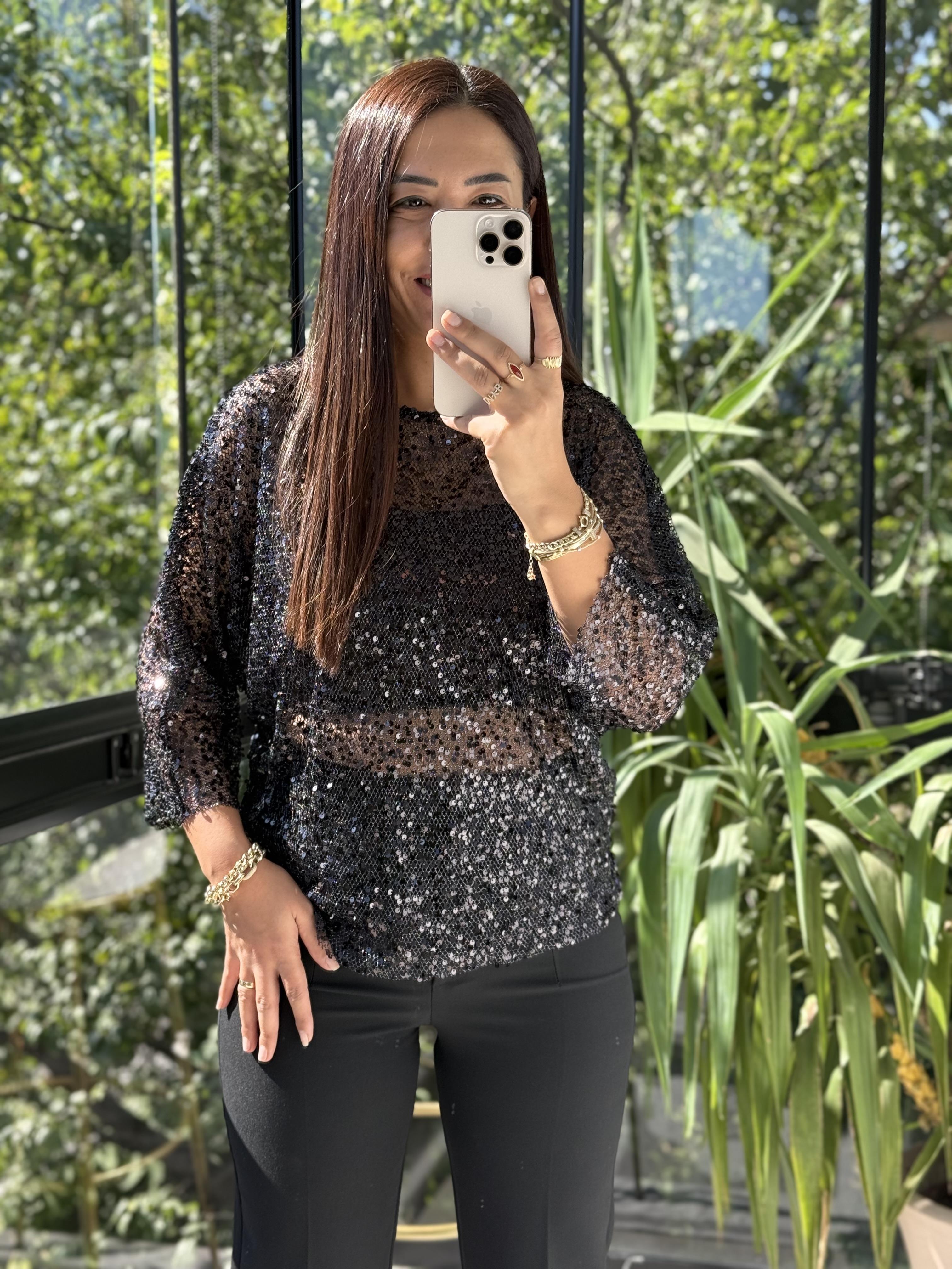 Payetli Transparan Bluz Siyah