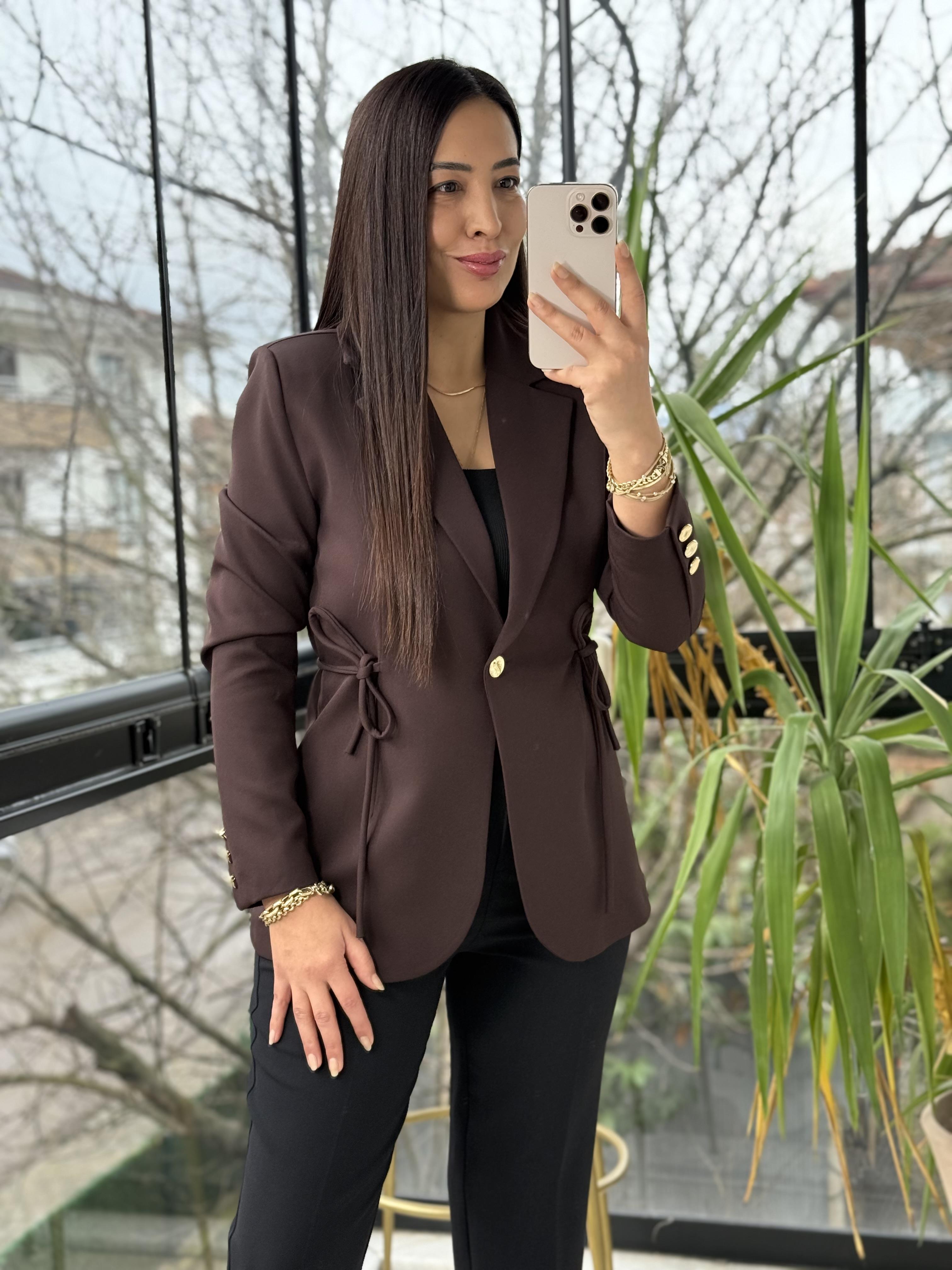 Yanı Bağcıklı Slim Blazer Ceket Kahve 