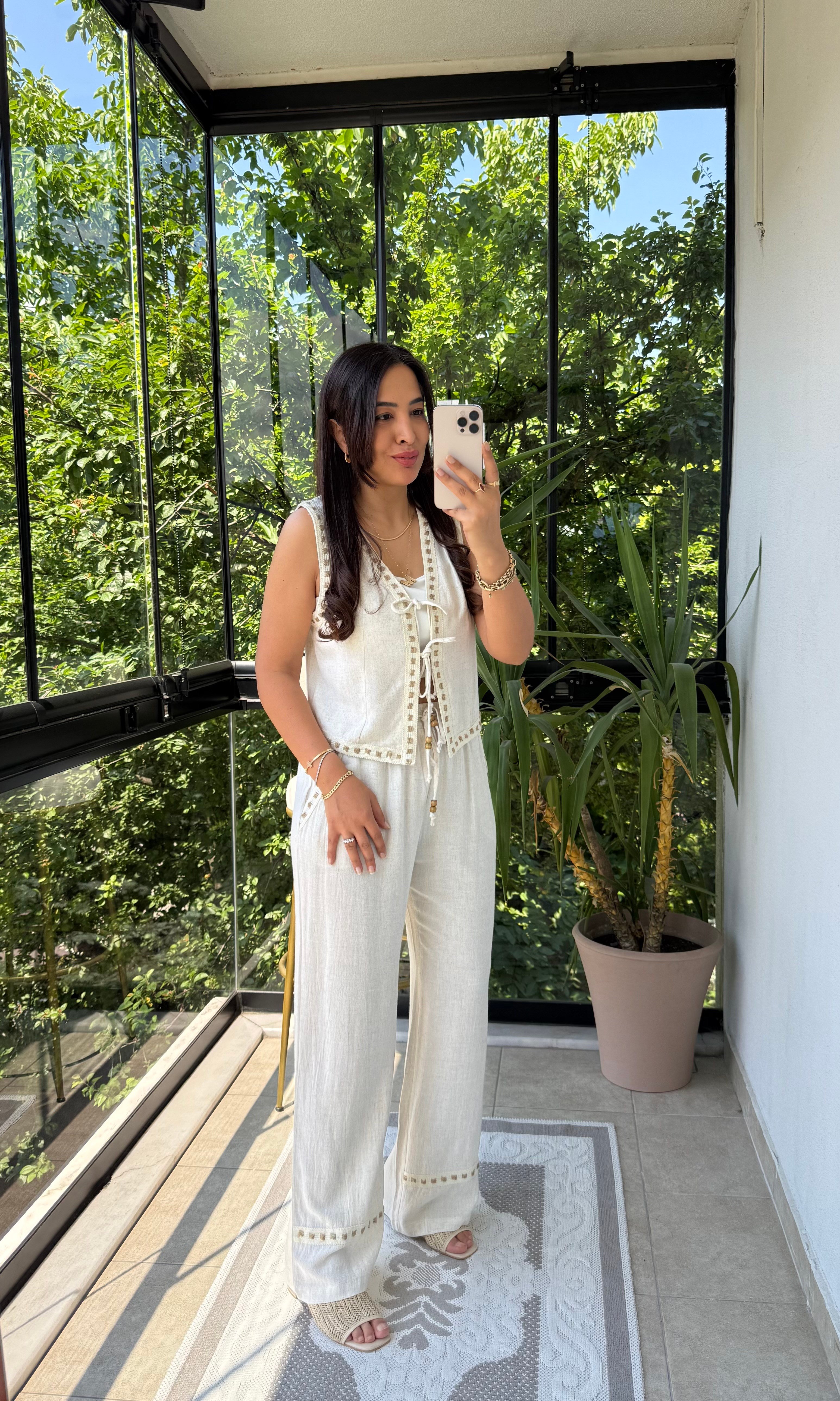 Bohem Dokulu Yelekli Takım Natural