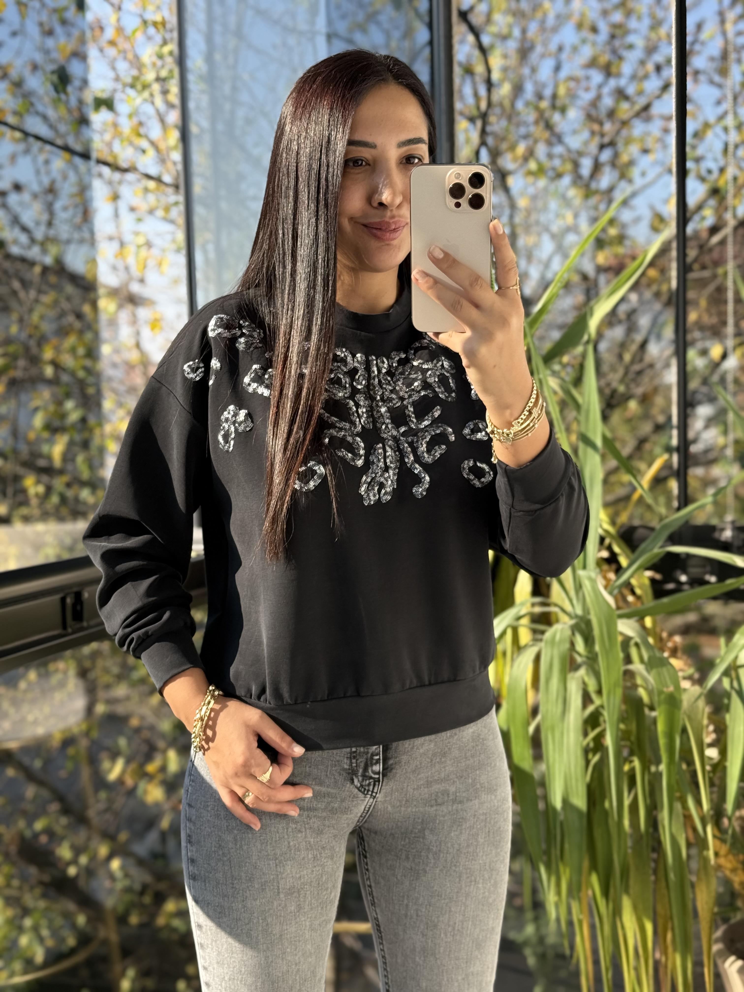 Payetli Modal Sweatshirt Antrasit