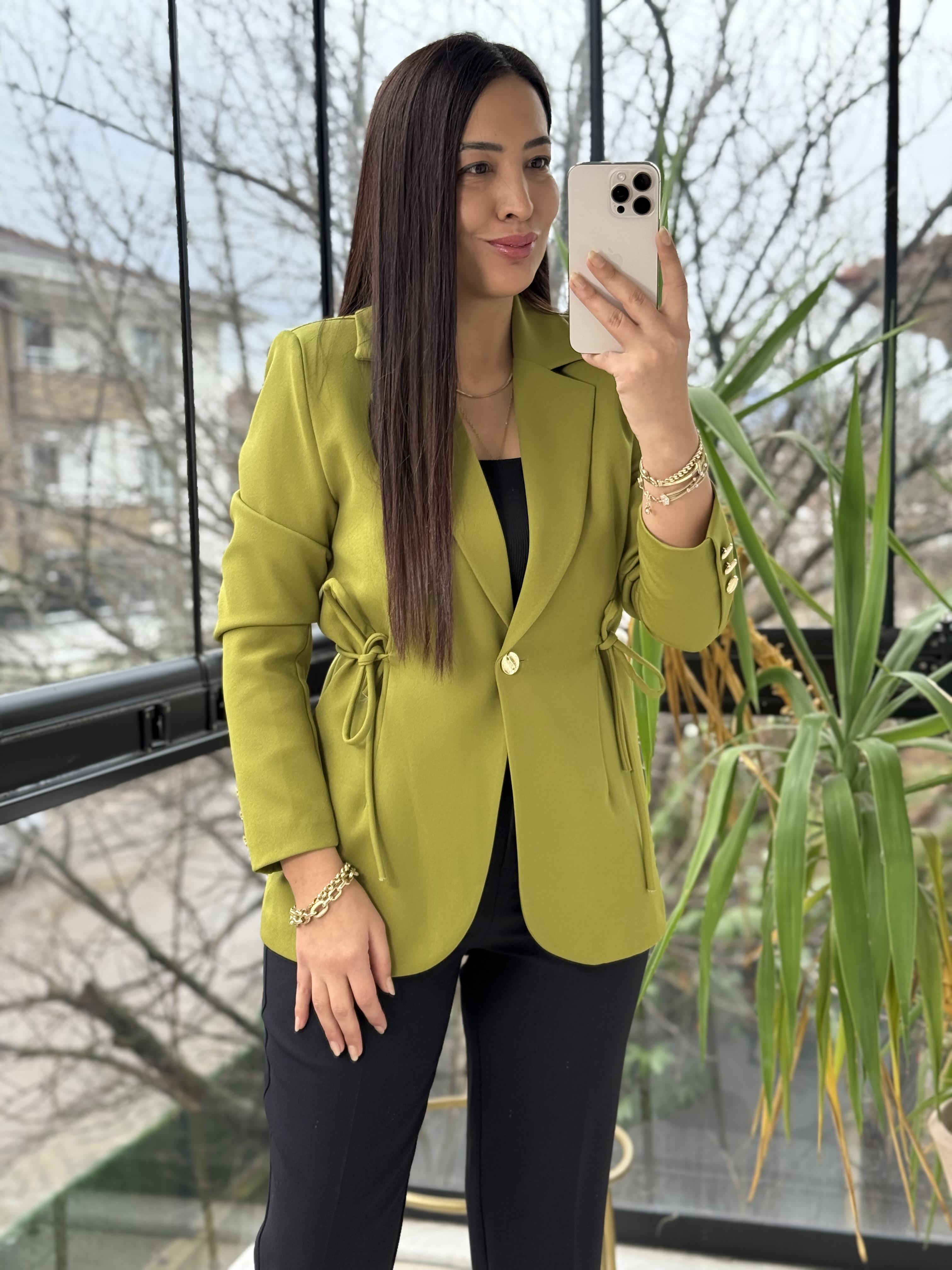 Yanı Bağcıklı Slim Blazer Ceket Kivi Yeşili