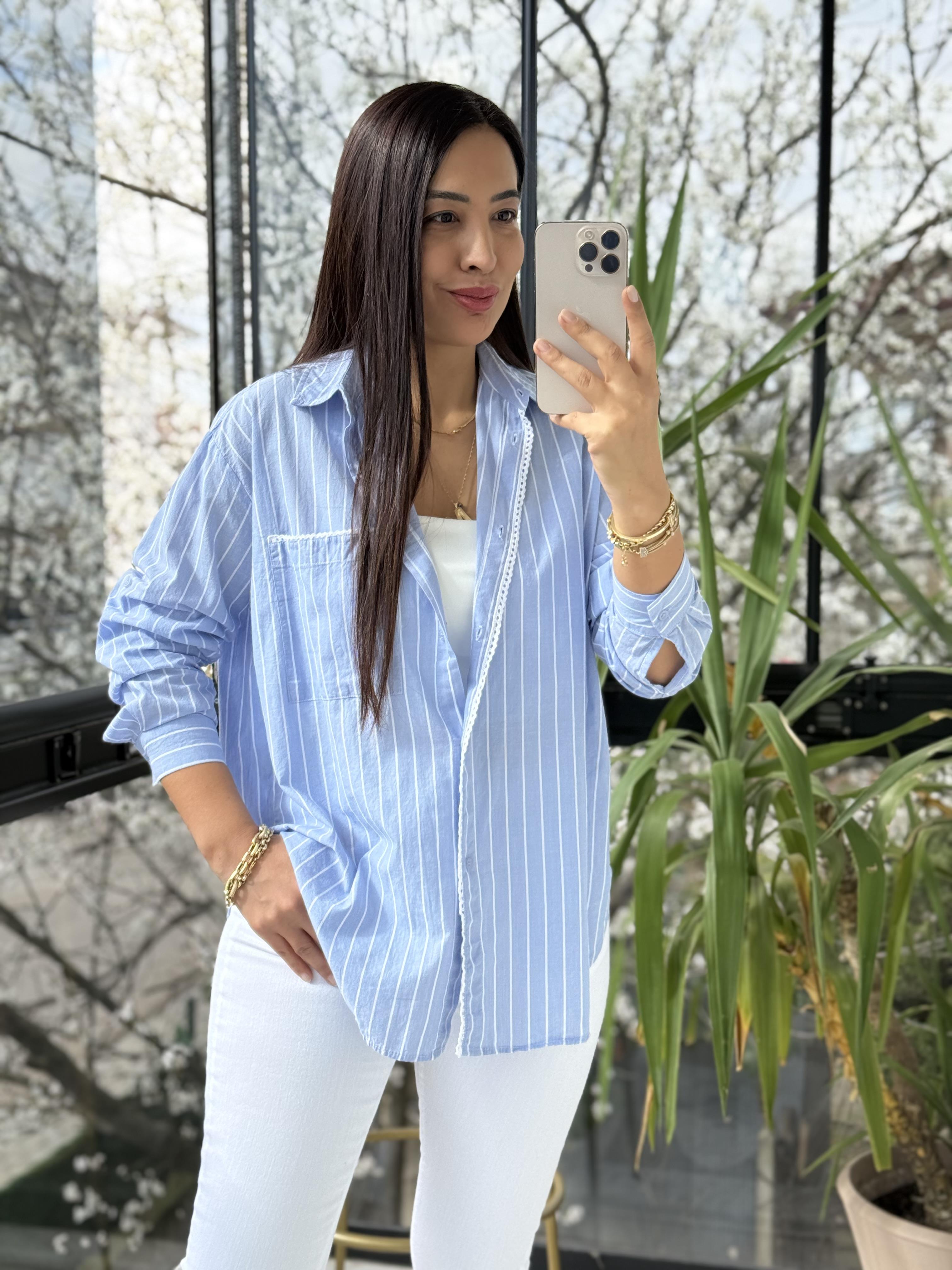 Motif Çizgili Cepli Gömlek Mavi