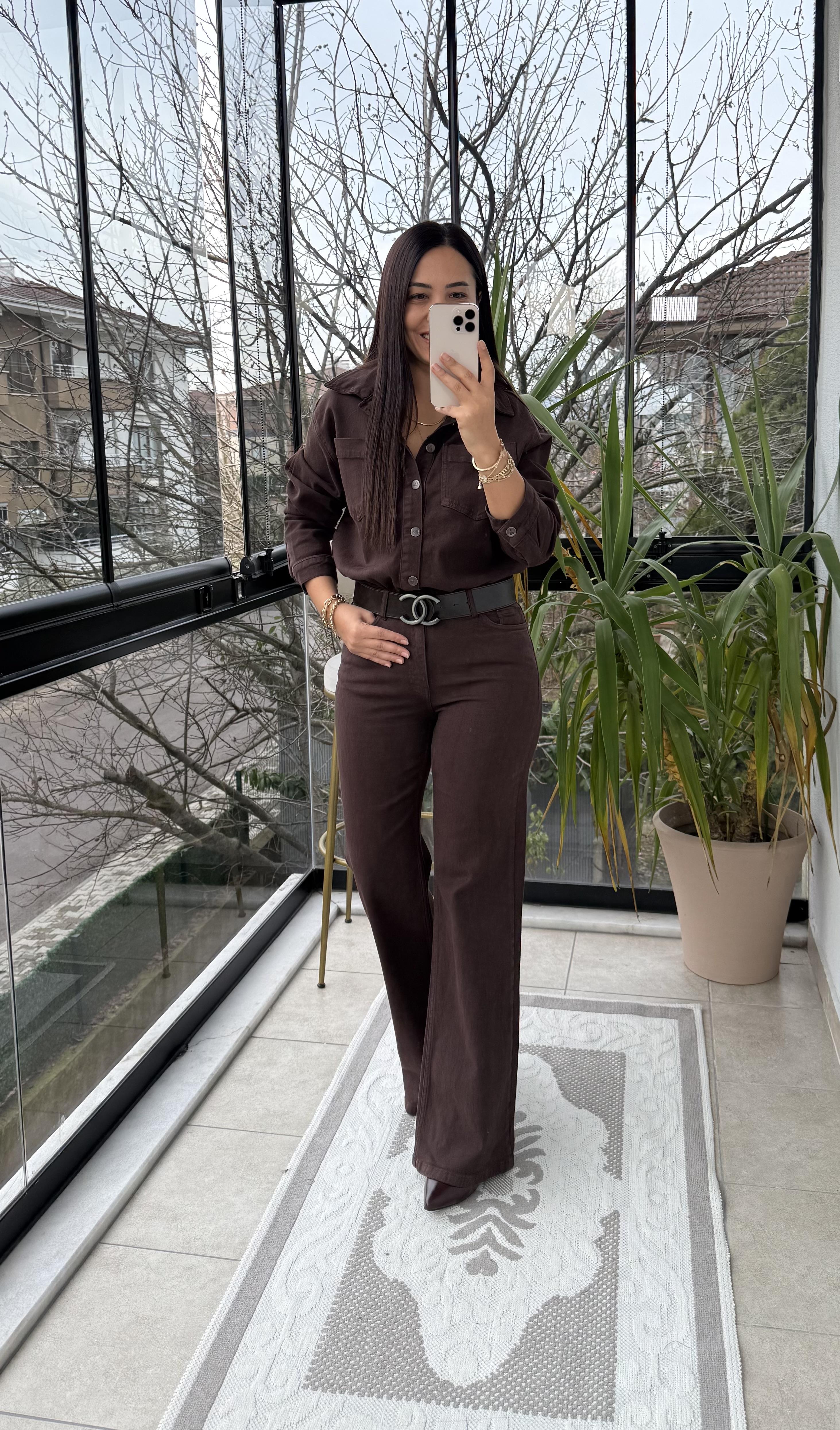 Beli Büzgülü Klasik Kot Tulum Kahve