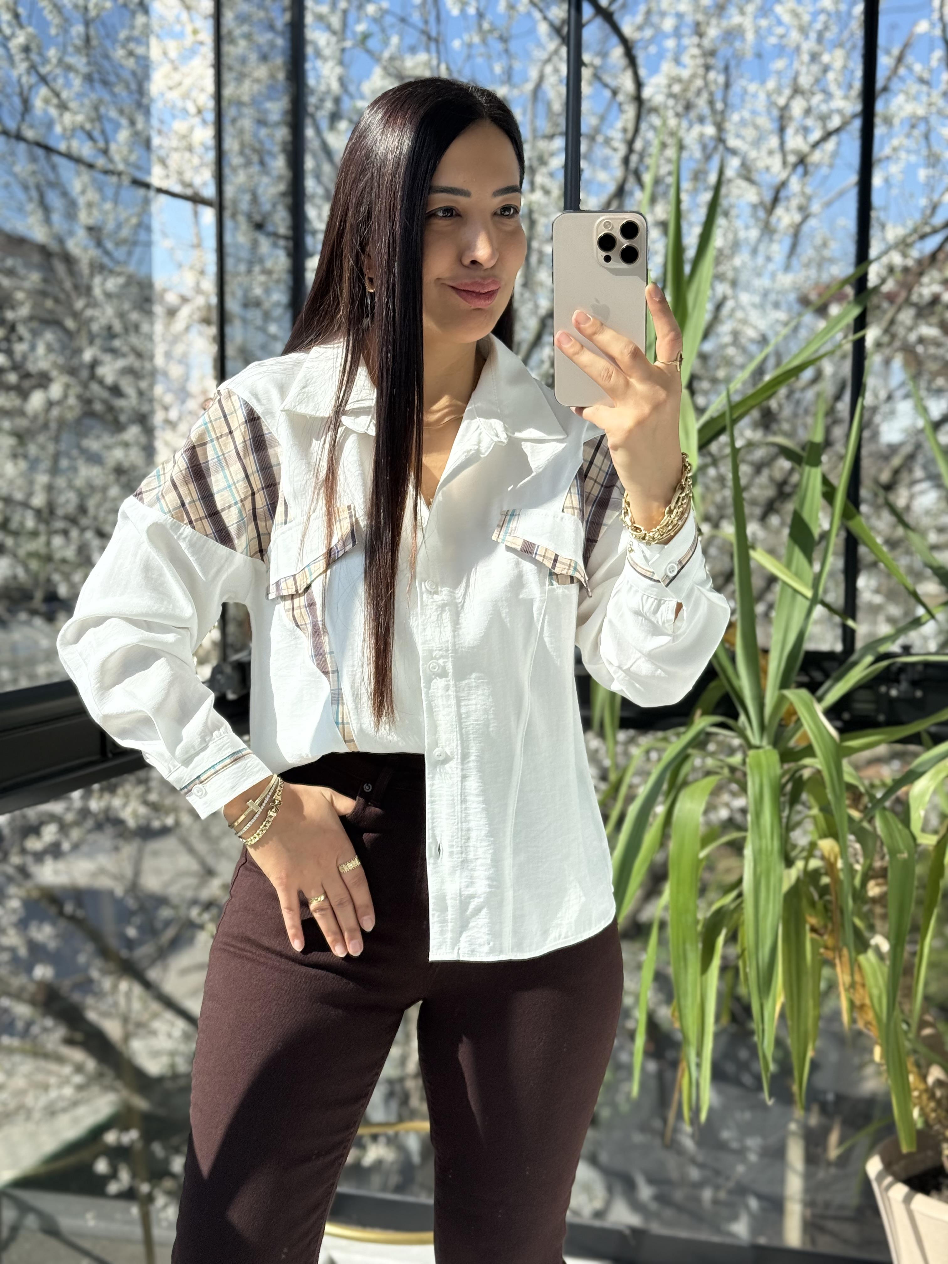 Ekose Garnili Gömlek Ekru