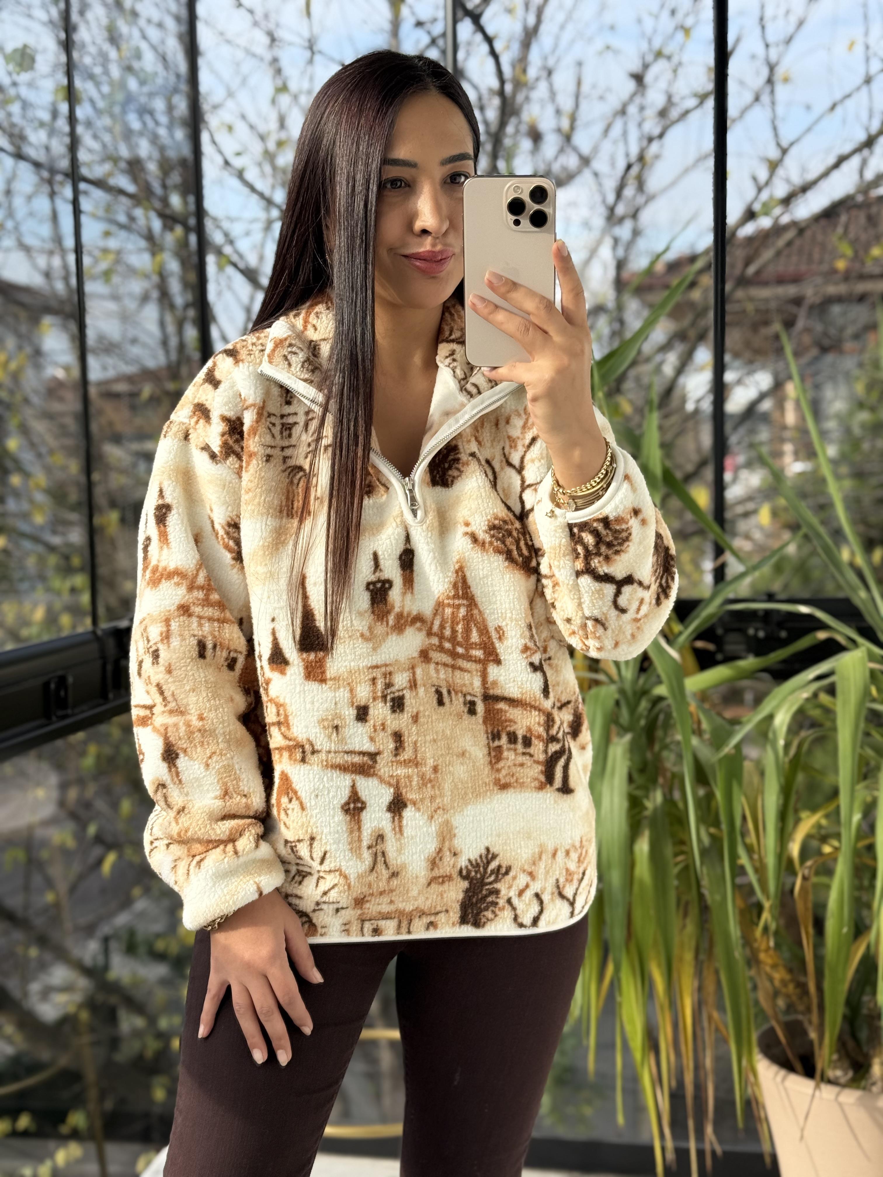 Desenli Yarım Fermuarlı Polar Sweat Kahve