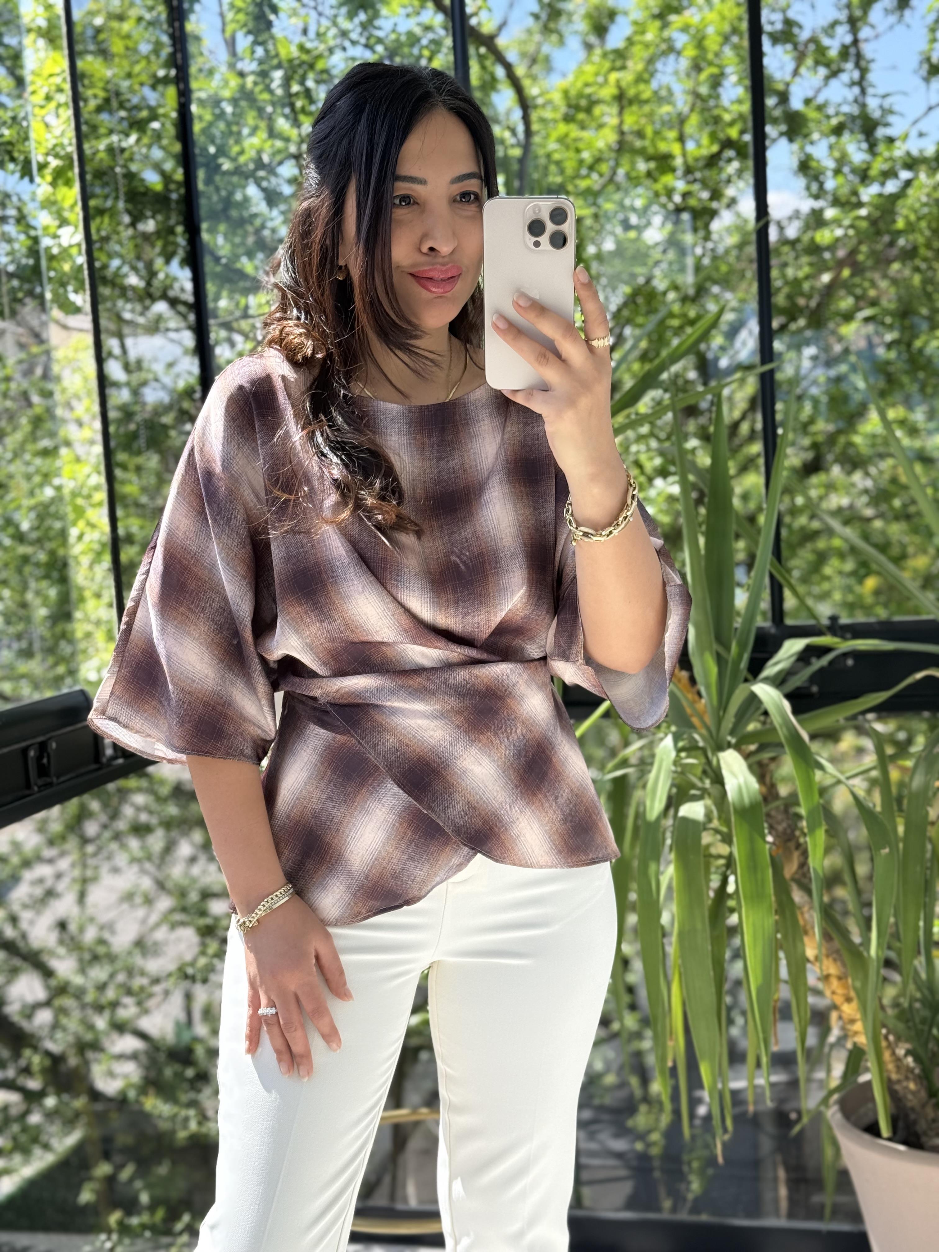 Bağcıklı Ekose Saten Bluz Kahve