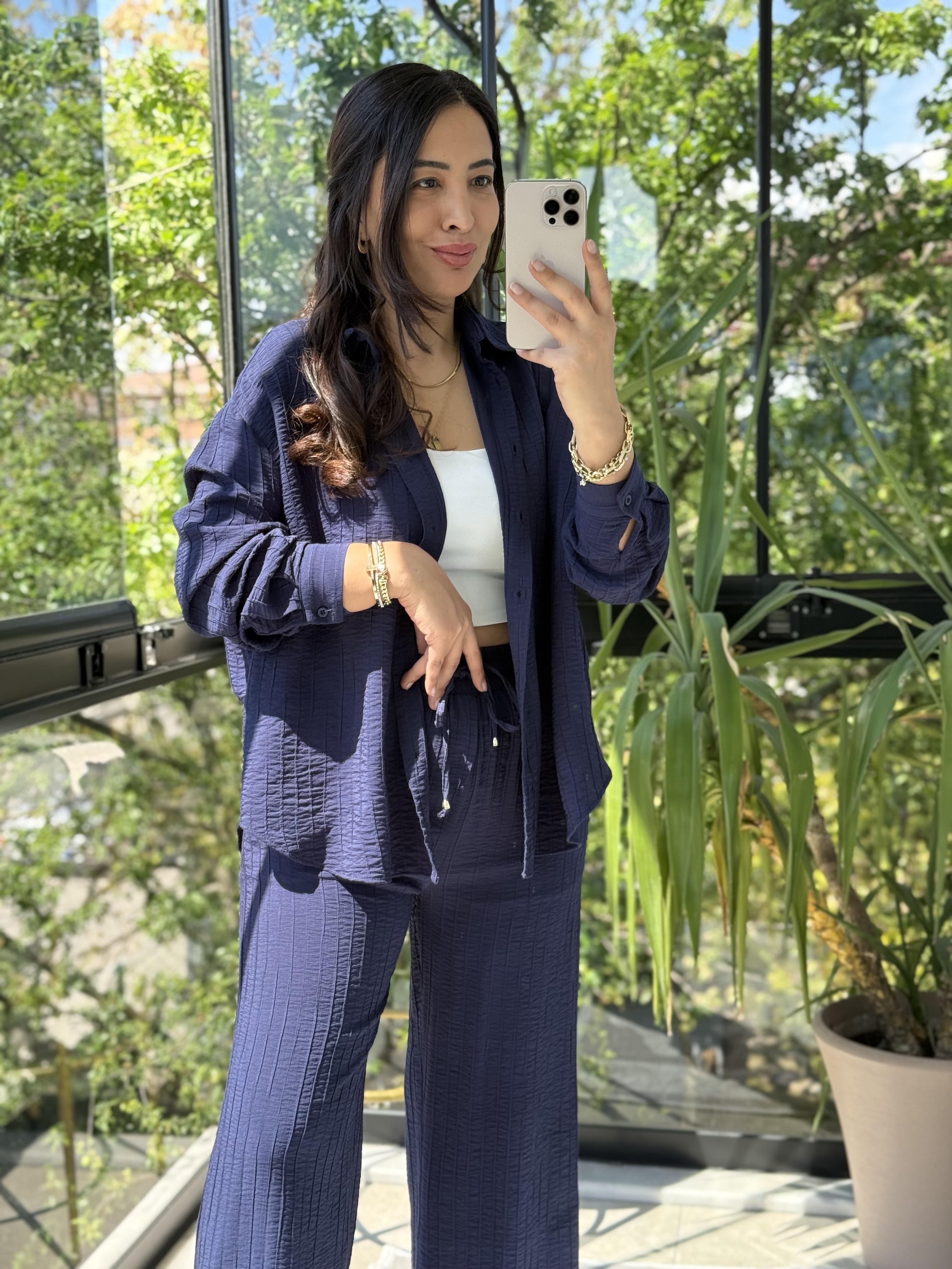 Dikiş Detaylı Pamuklu Gömlek Lacivert