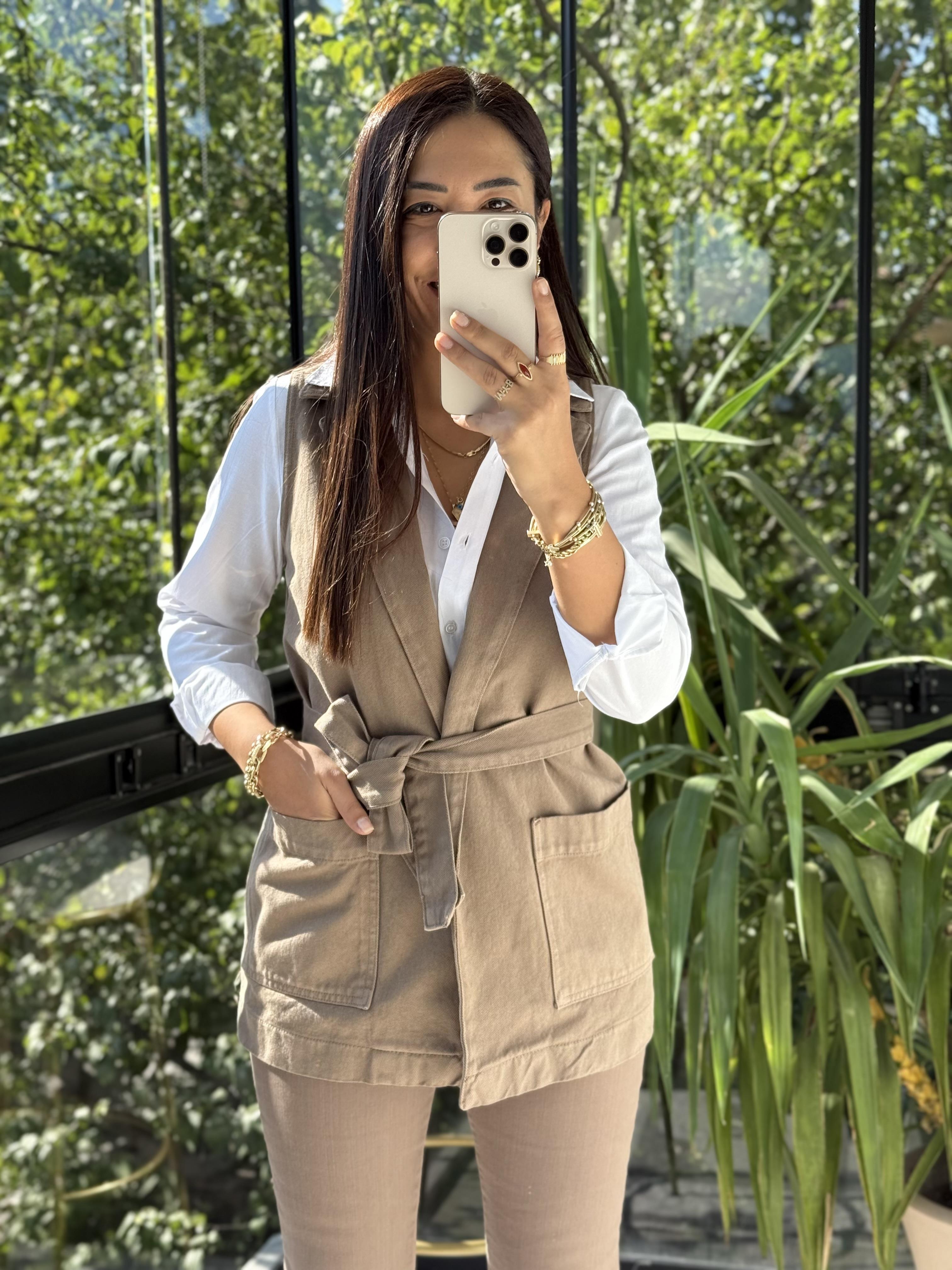 Kuşaklı Kruvaze Yaka Yelek Vizon