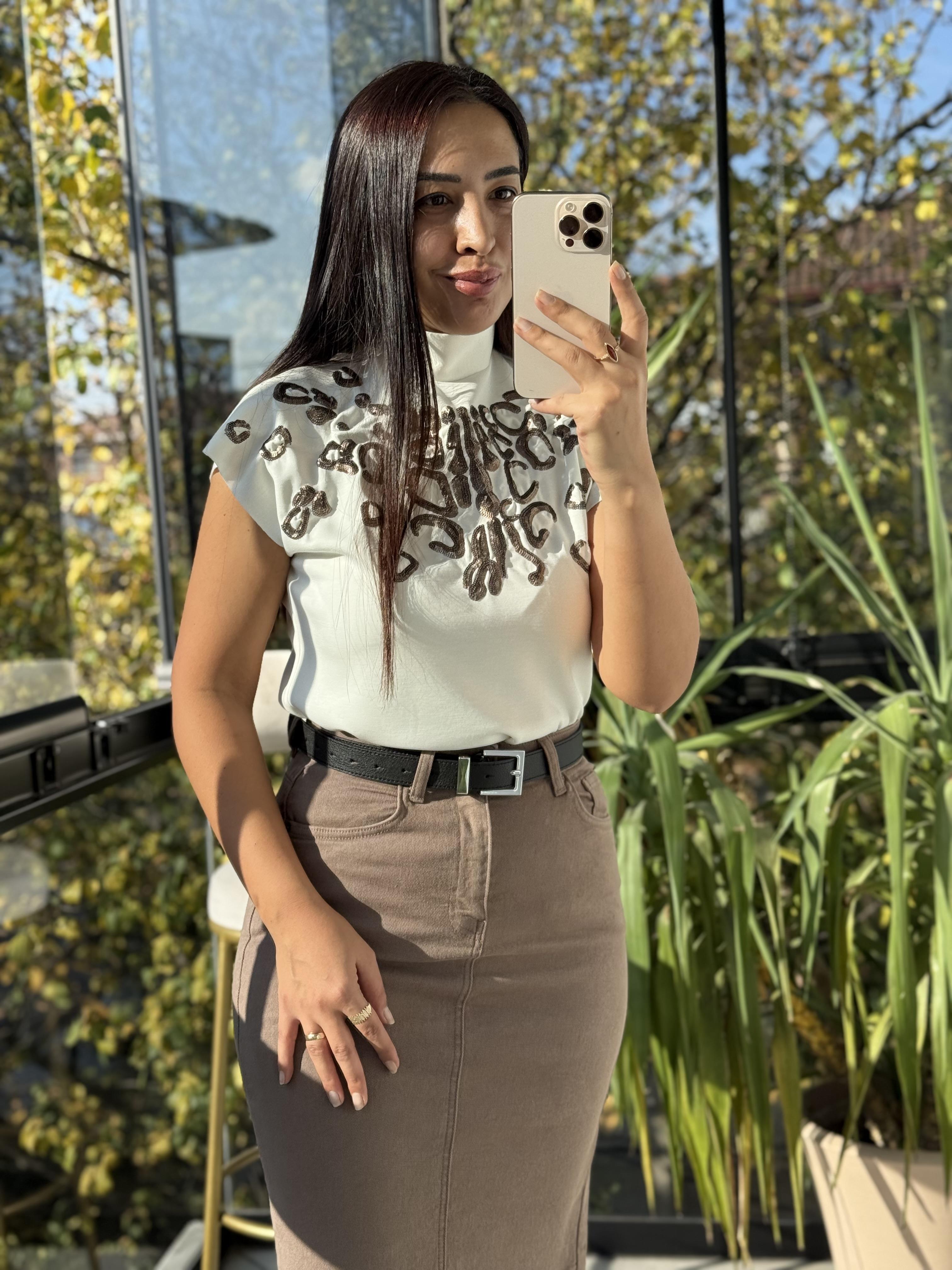 Payetli Modal Bluz Ekru