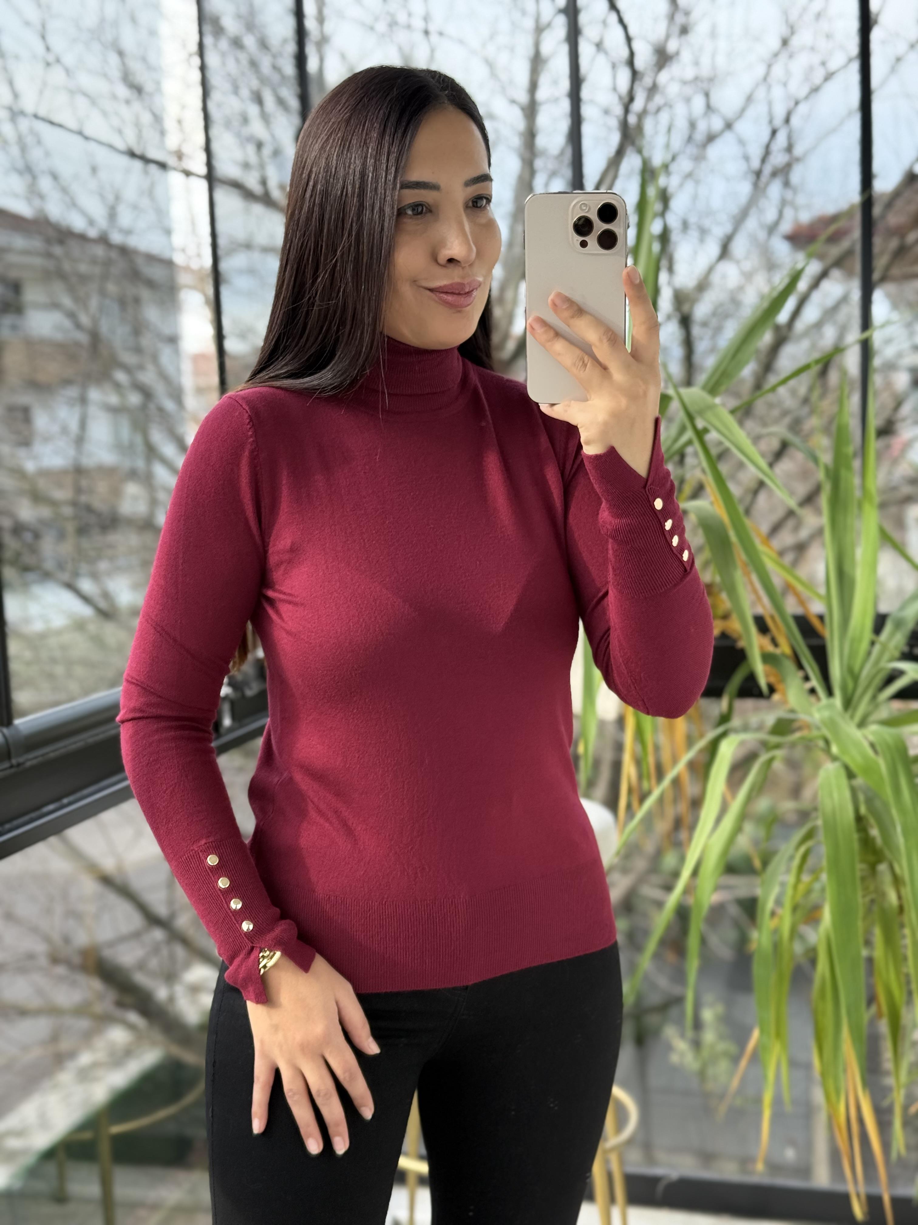 Dilvin Balıkçı Yaka Kol Ortası Droplu Triko Bordo