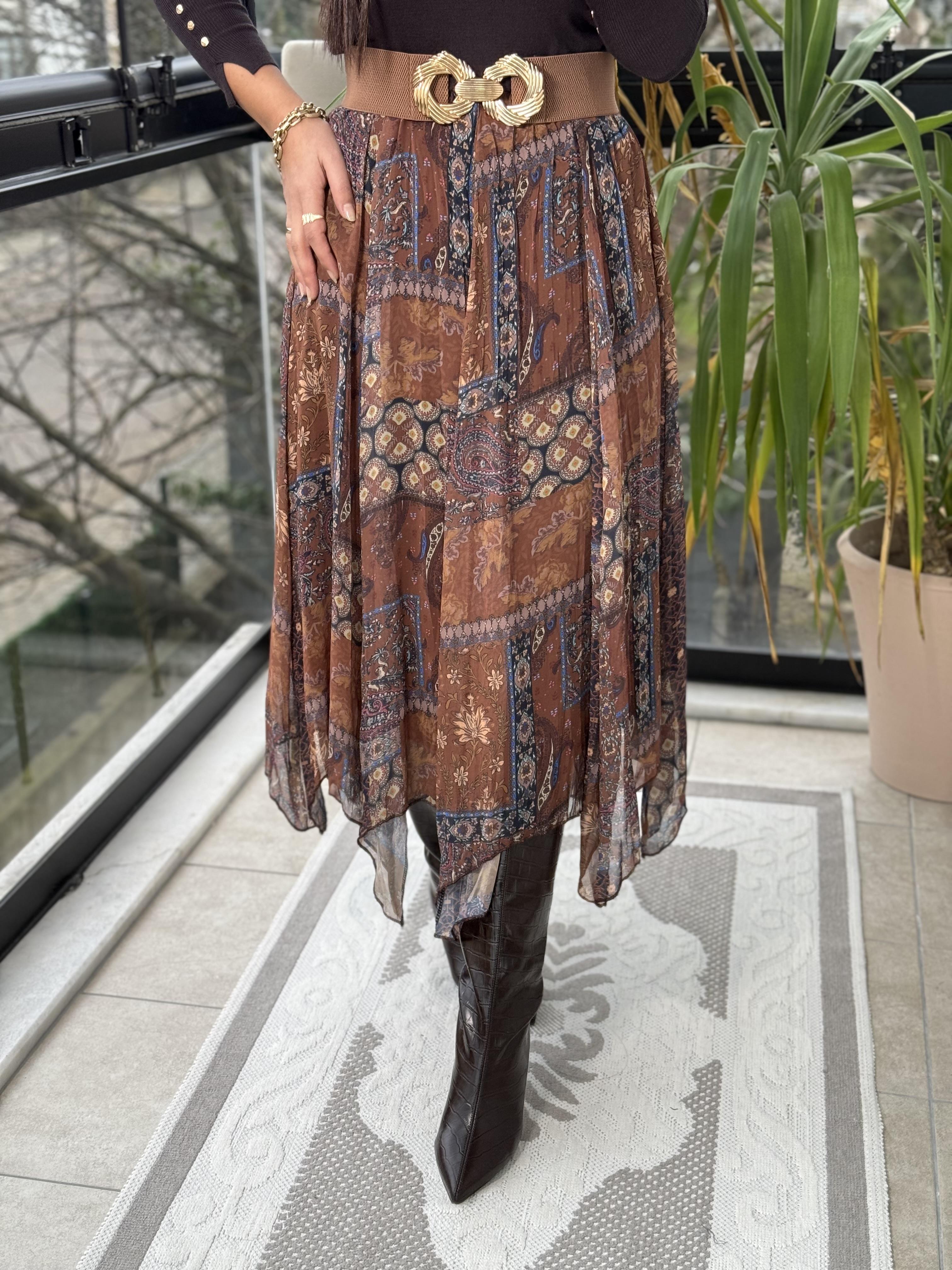 Etnik Desen Asimetrik Kesim Etek Kahve