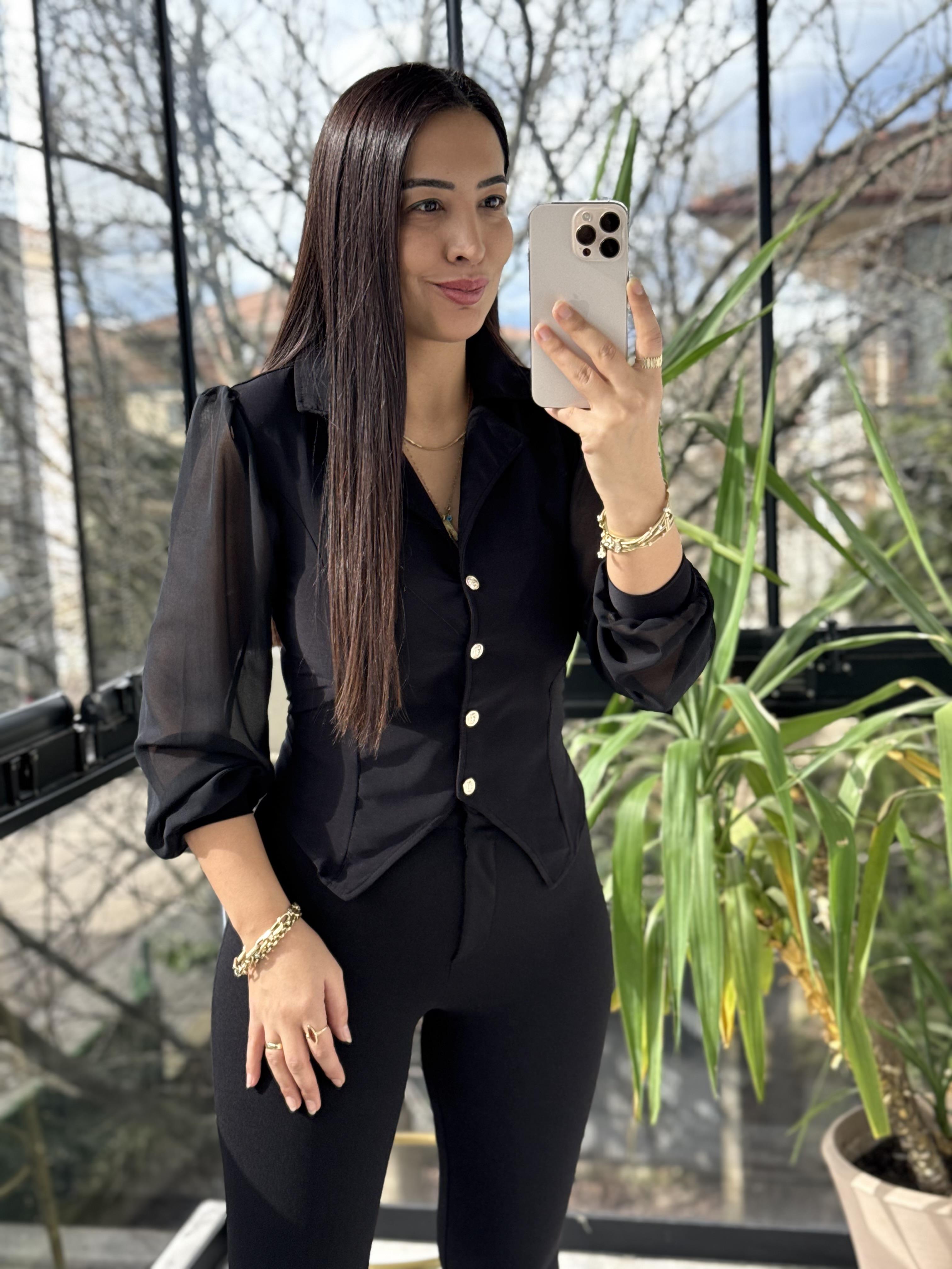 Kolları Tül Detaylı Bluz Siyah