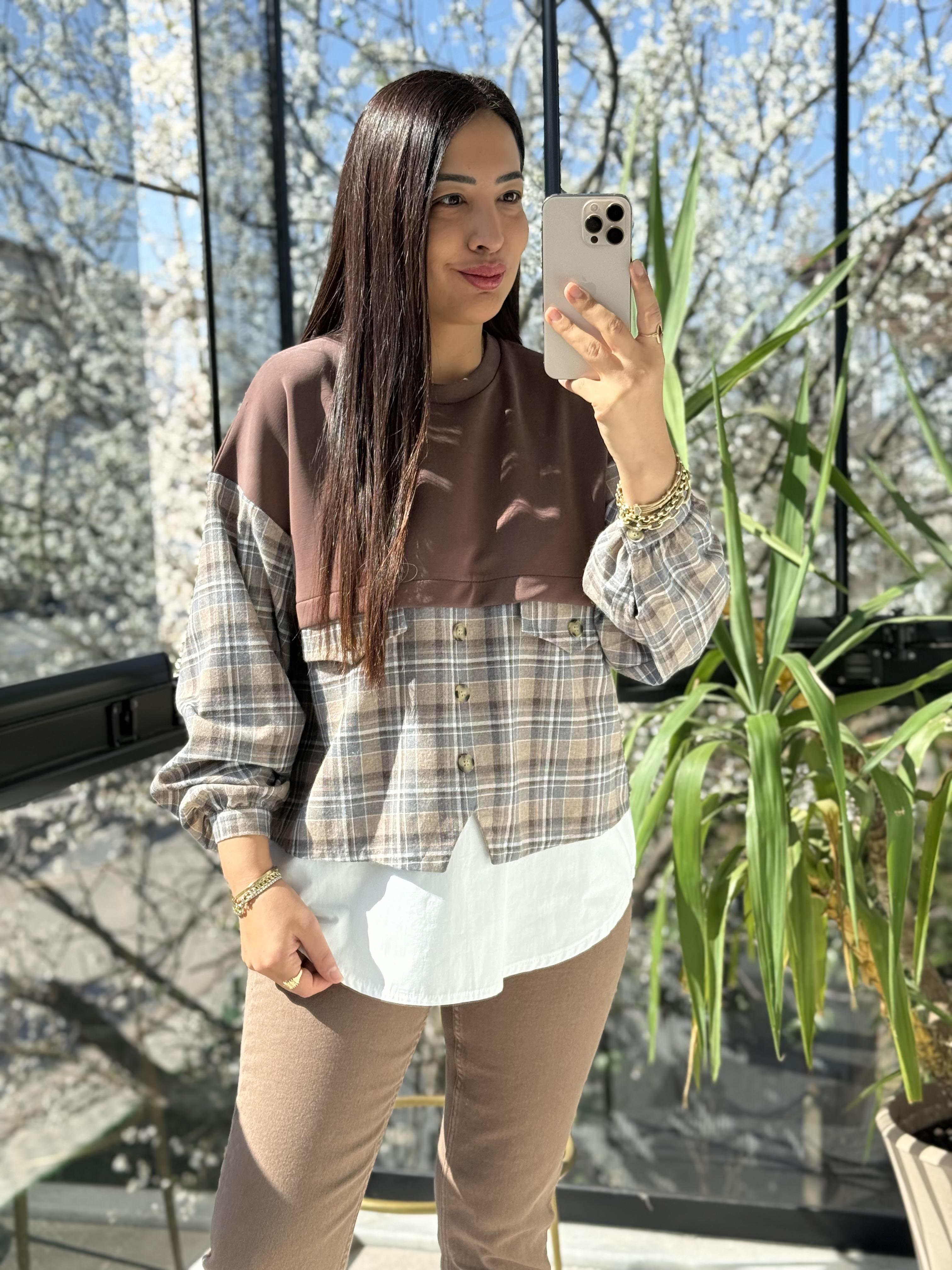 Mix kumaş Sweat Gömlek Kahve