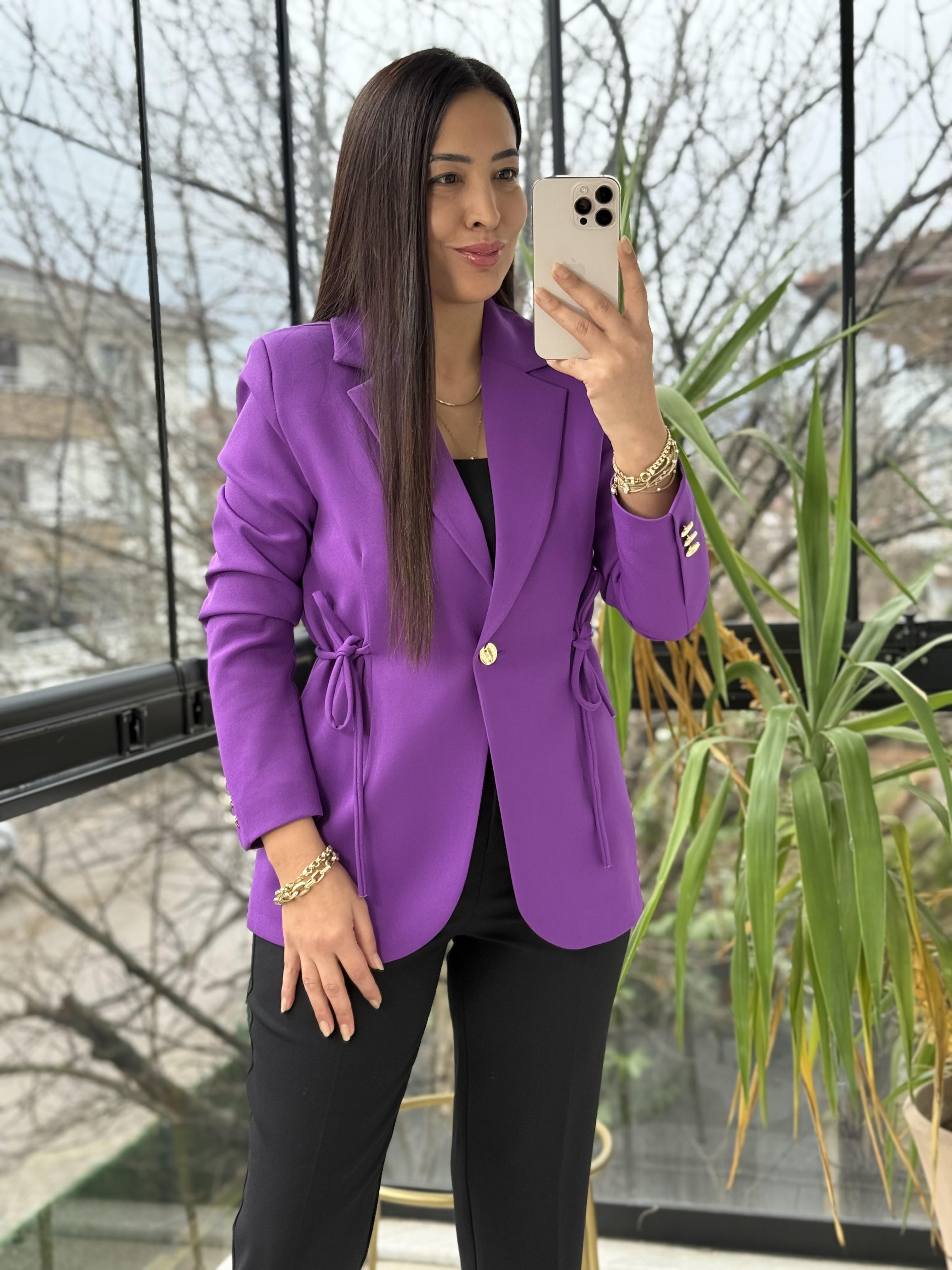 Yanı Bağcıklı Slim Blazer Ceket Mor