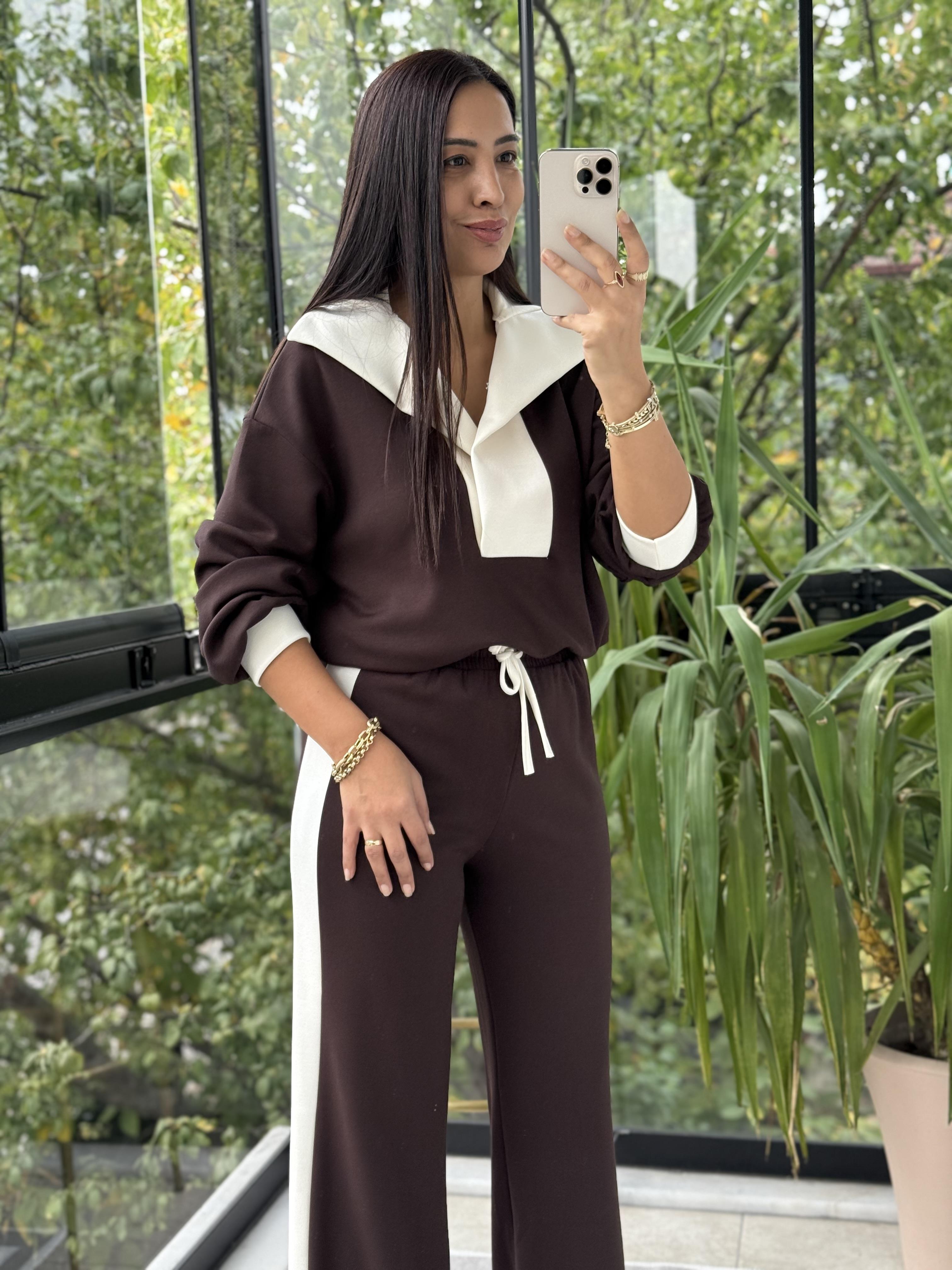 Şal Yakalı Modal Takım Kahve