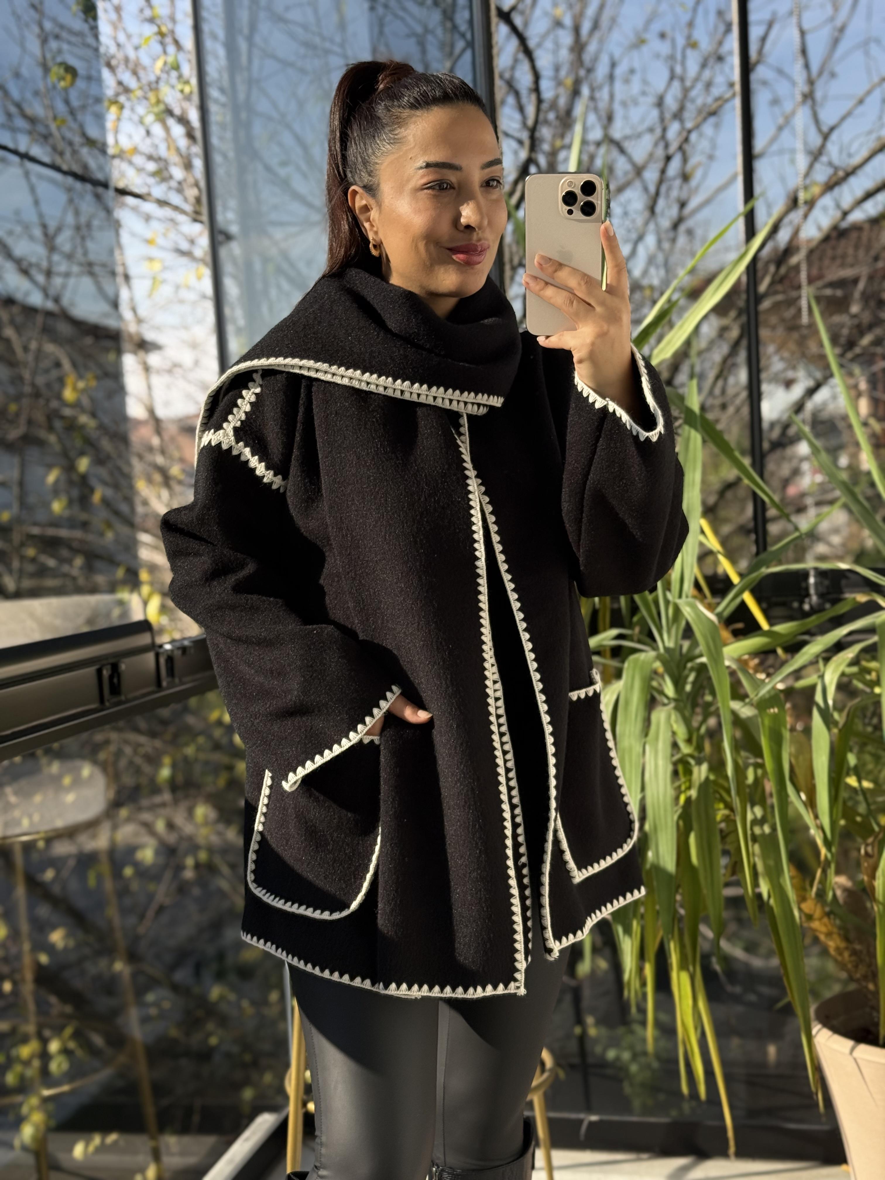 Şal Yaka Kaşe Kimono Ceket Siyah