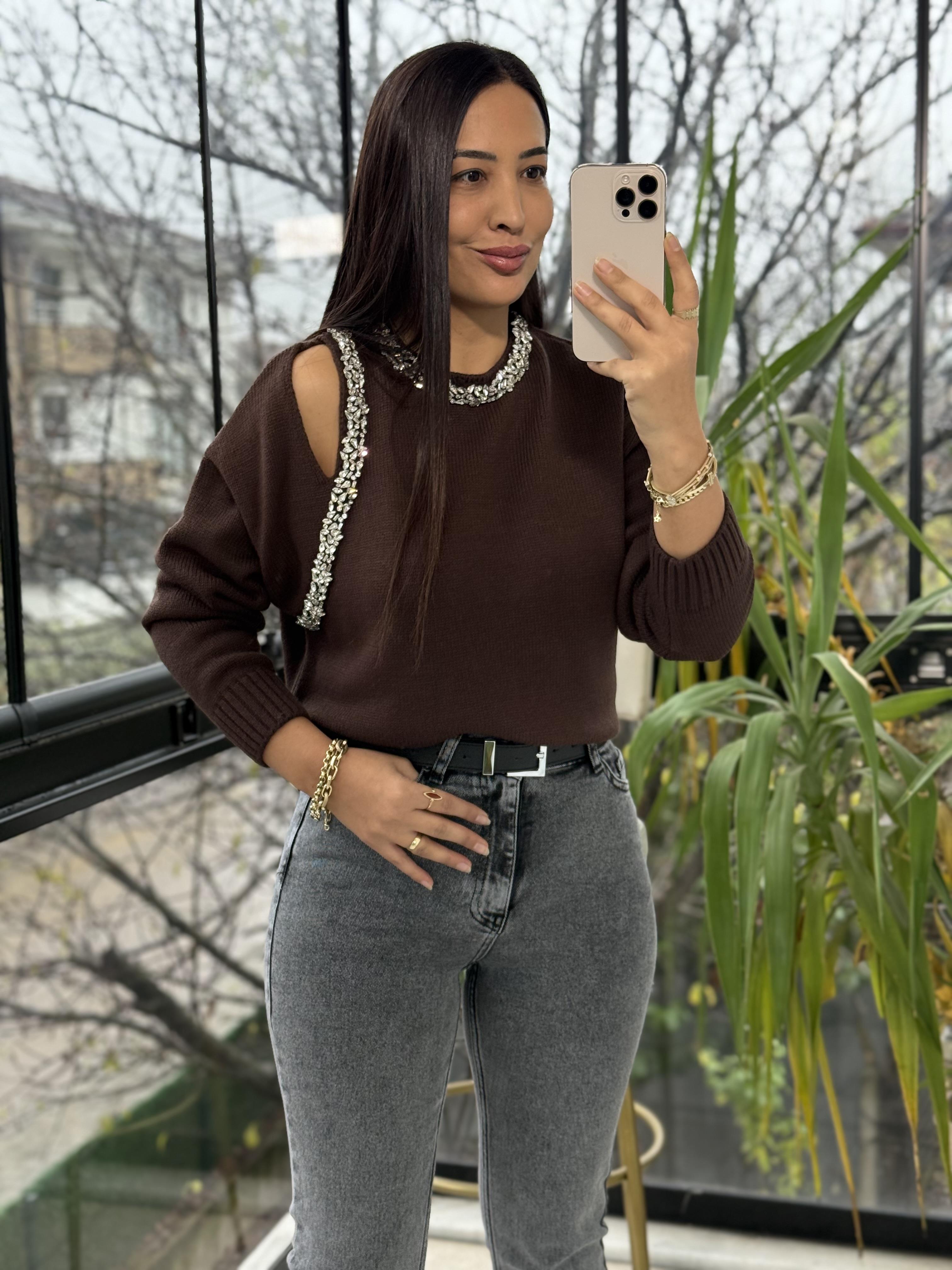 Taş Şerit işleme Cut Aut Kazak Kahve