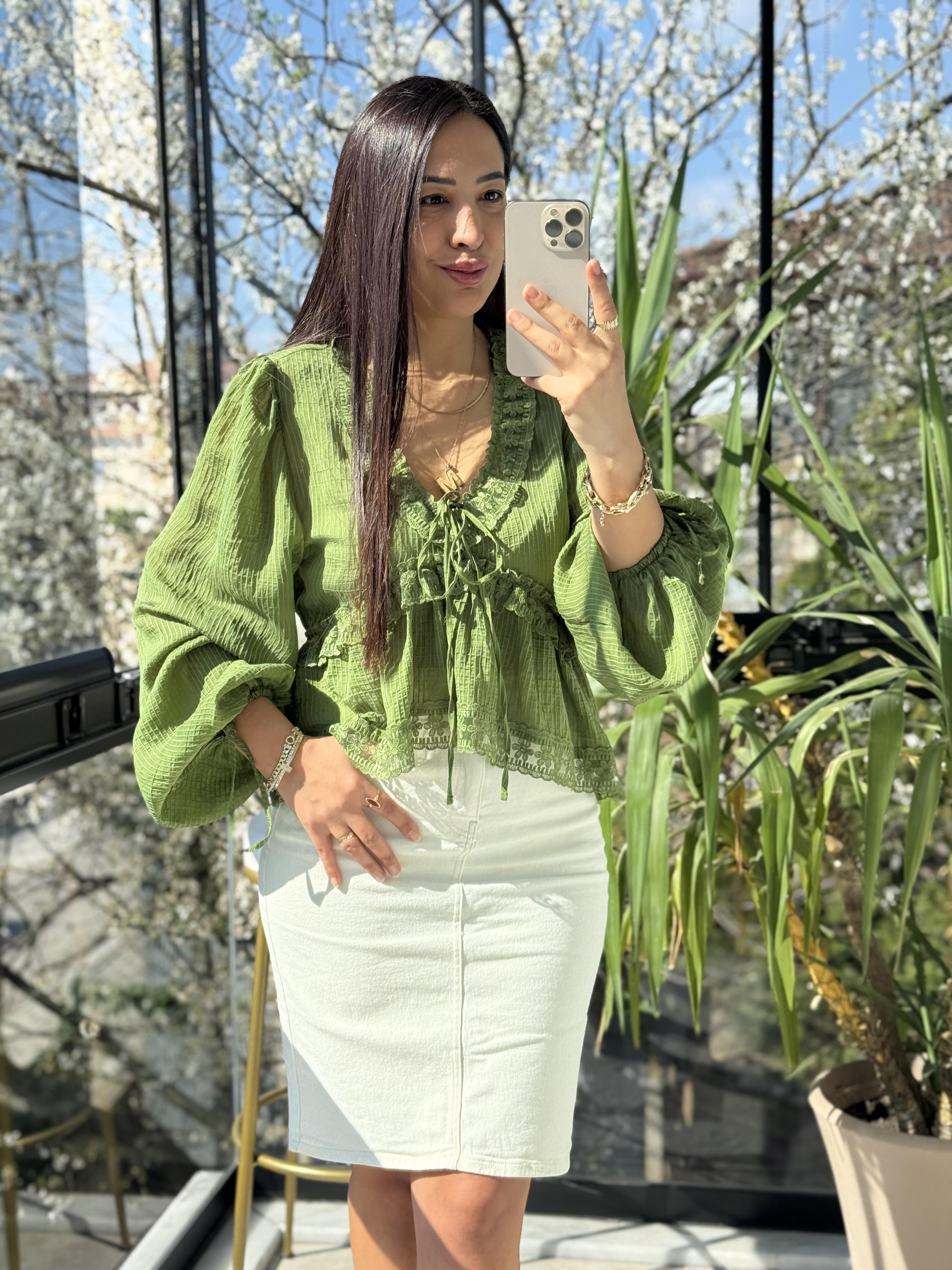 Dantelli Uzun Kol Bluz Yeşil