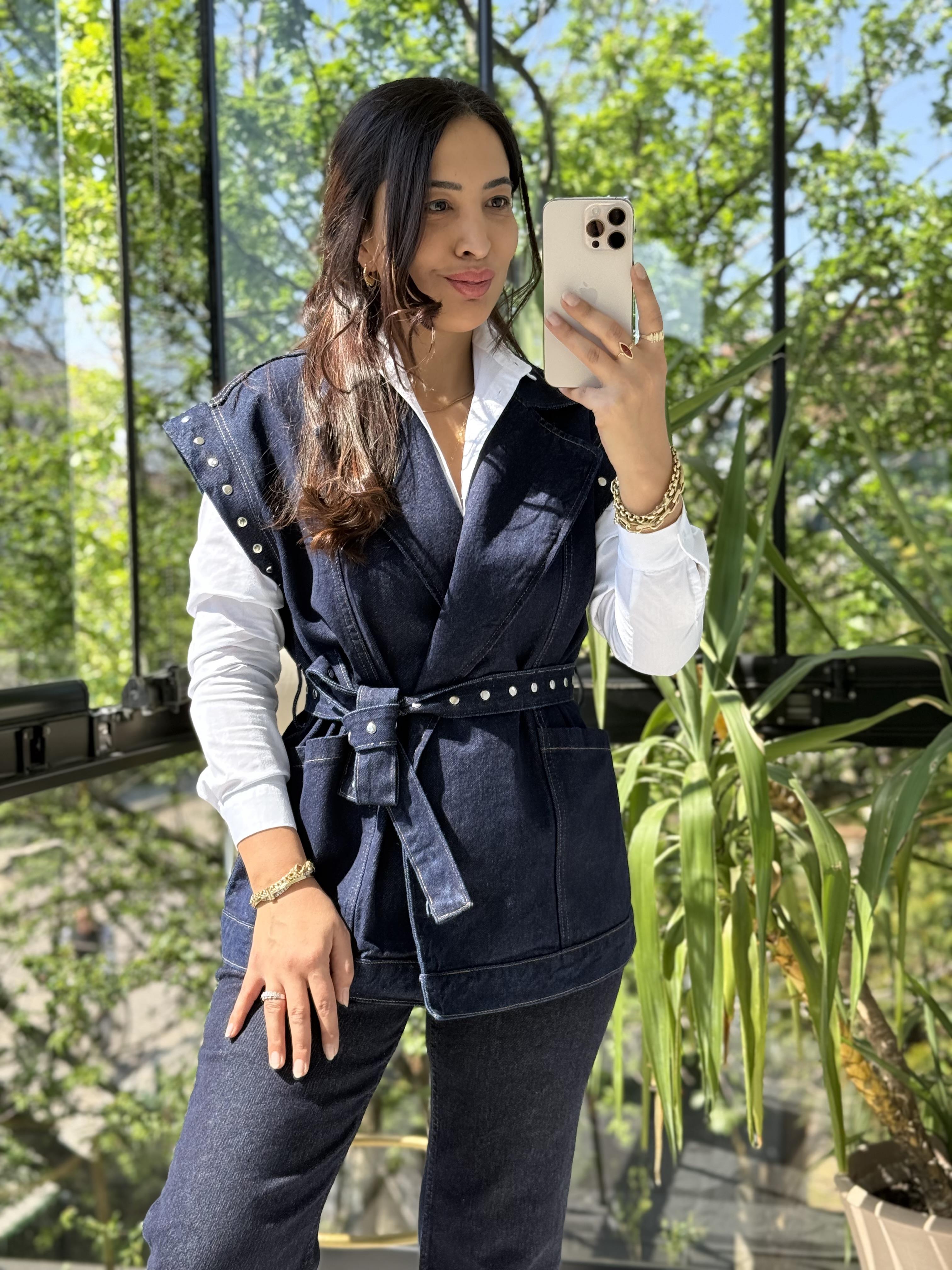 Çakımlı Kuşaklı Denim Yelek Lacivert