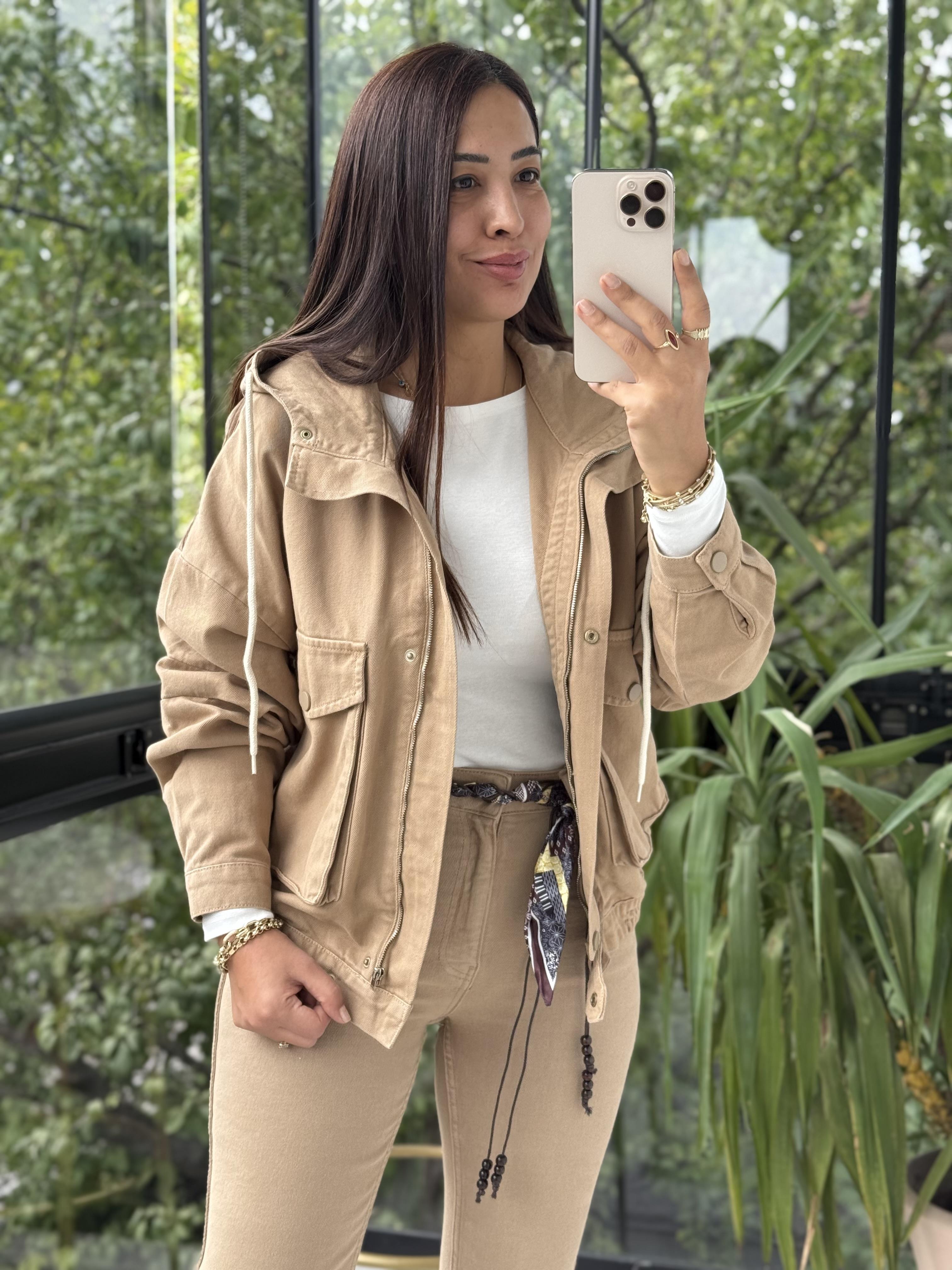 Kapüşonlu Kot Ceket Camel