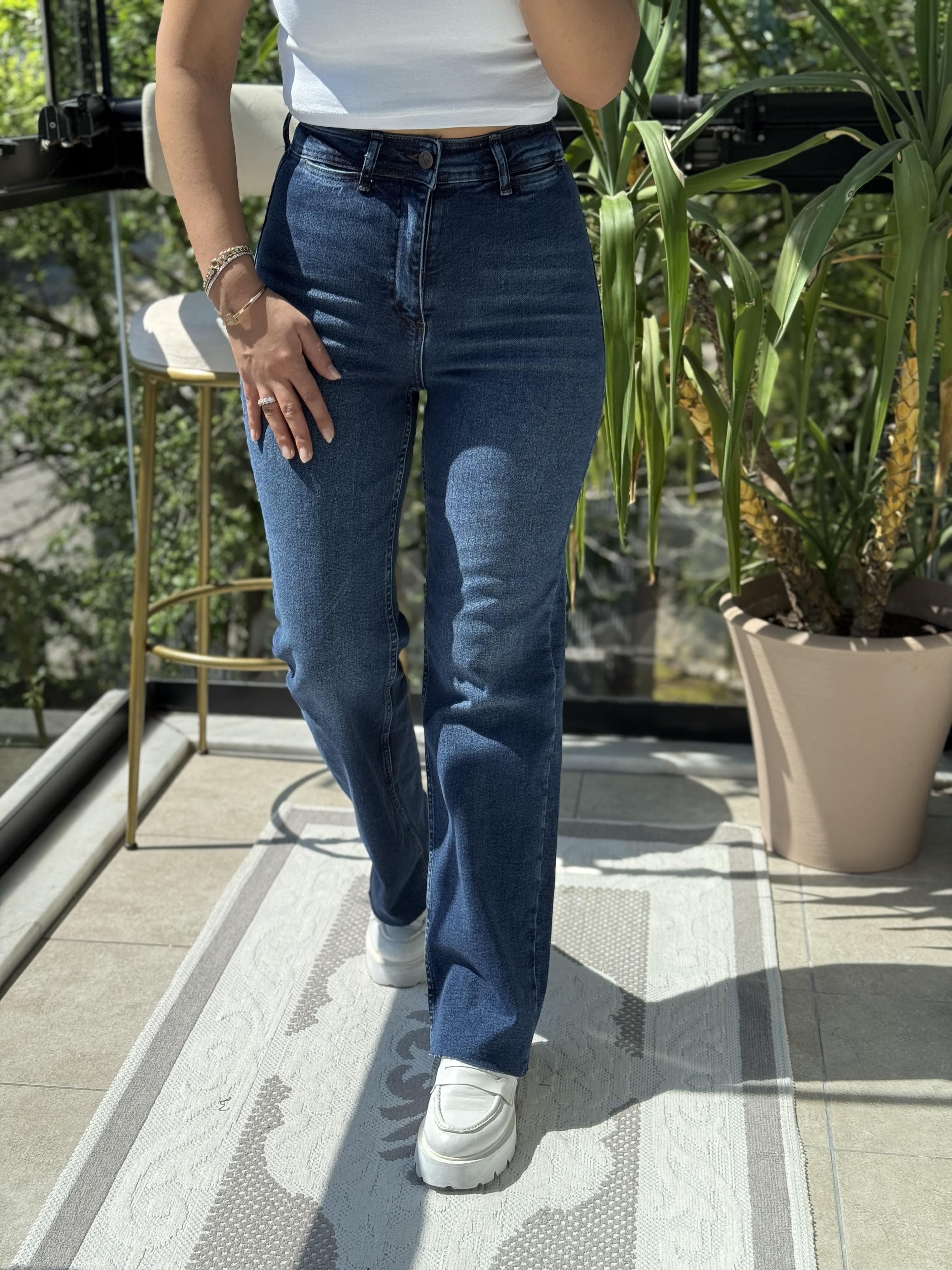 Dekoratif Cep Detaylı Palazzo Kot Pantolon Mavi