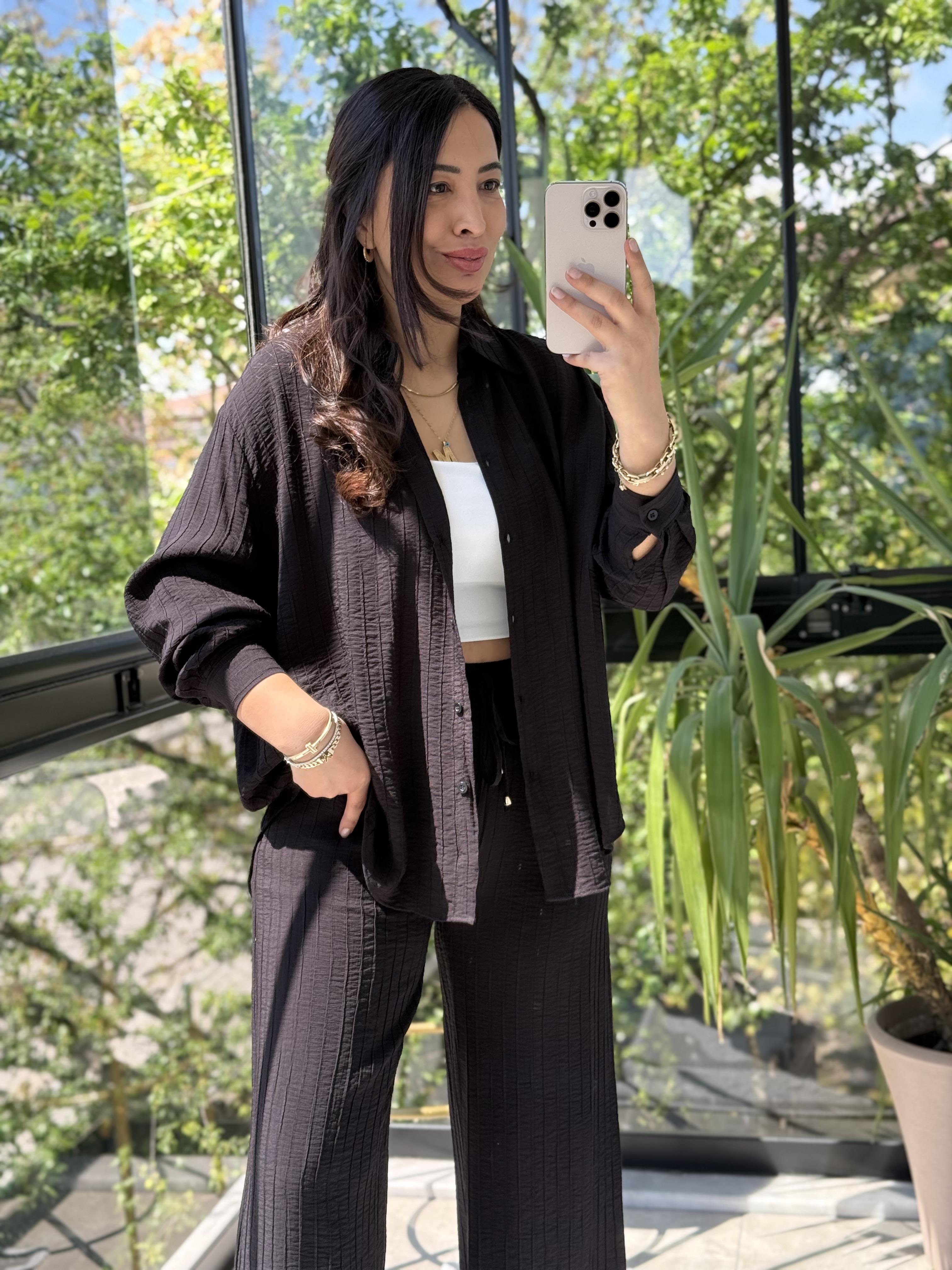 Dikiş Detaylı Pamuklu Gömlek Siyah