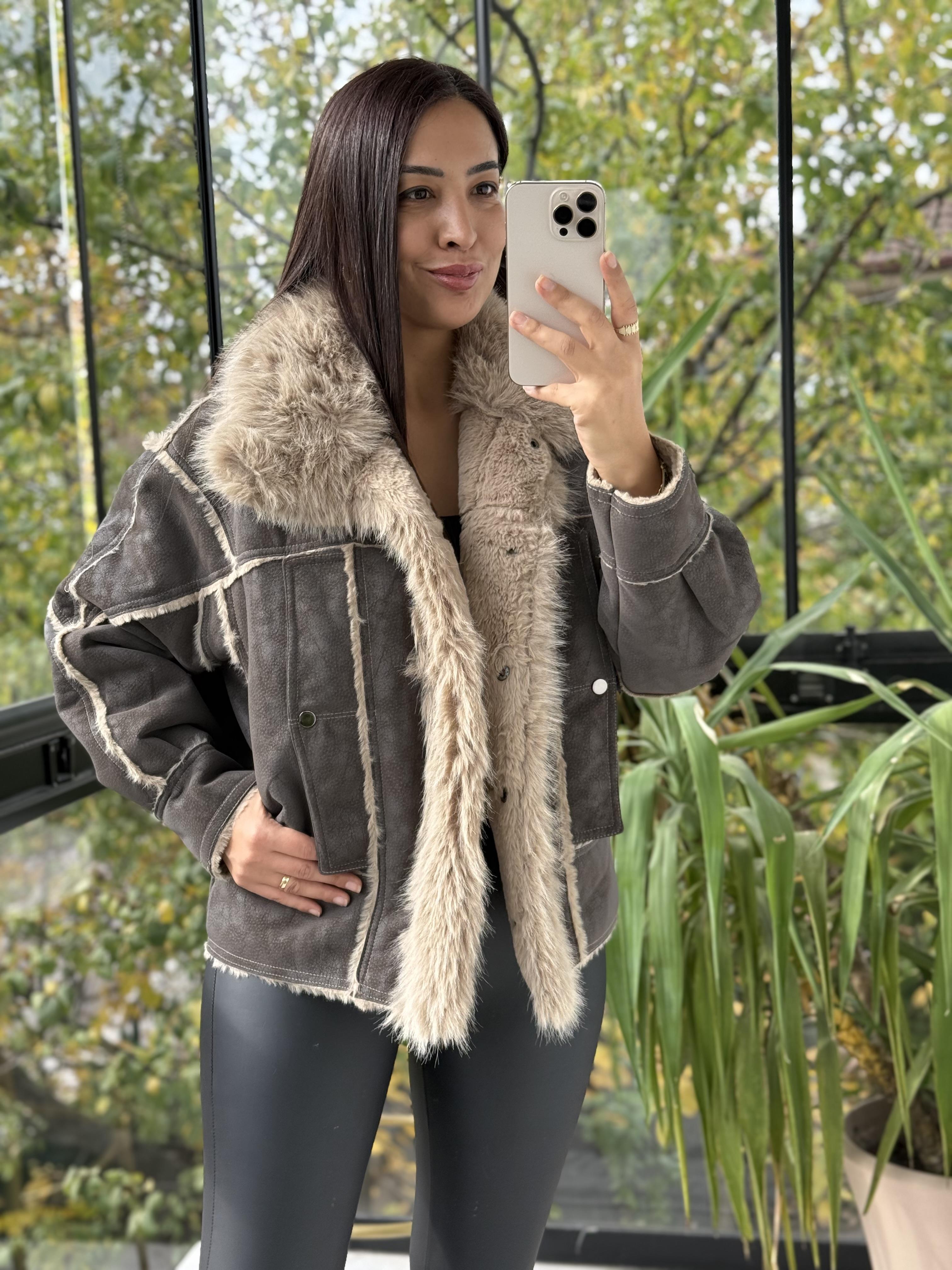 Kürk Detaylı Nubuk Mont Kahve