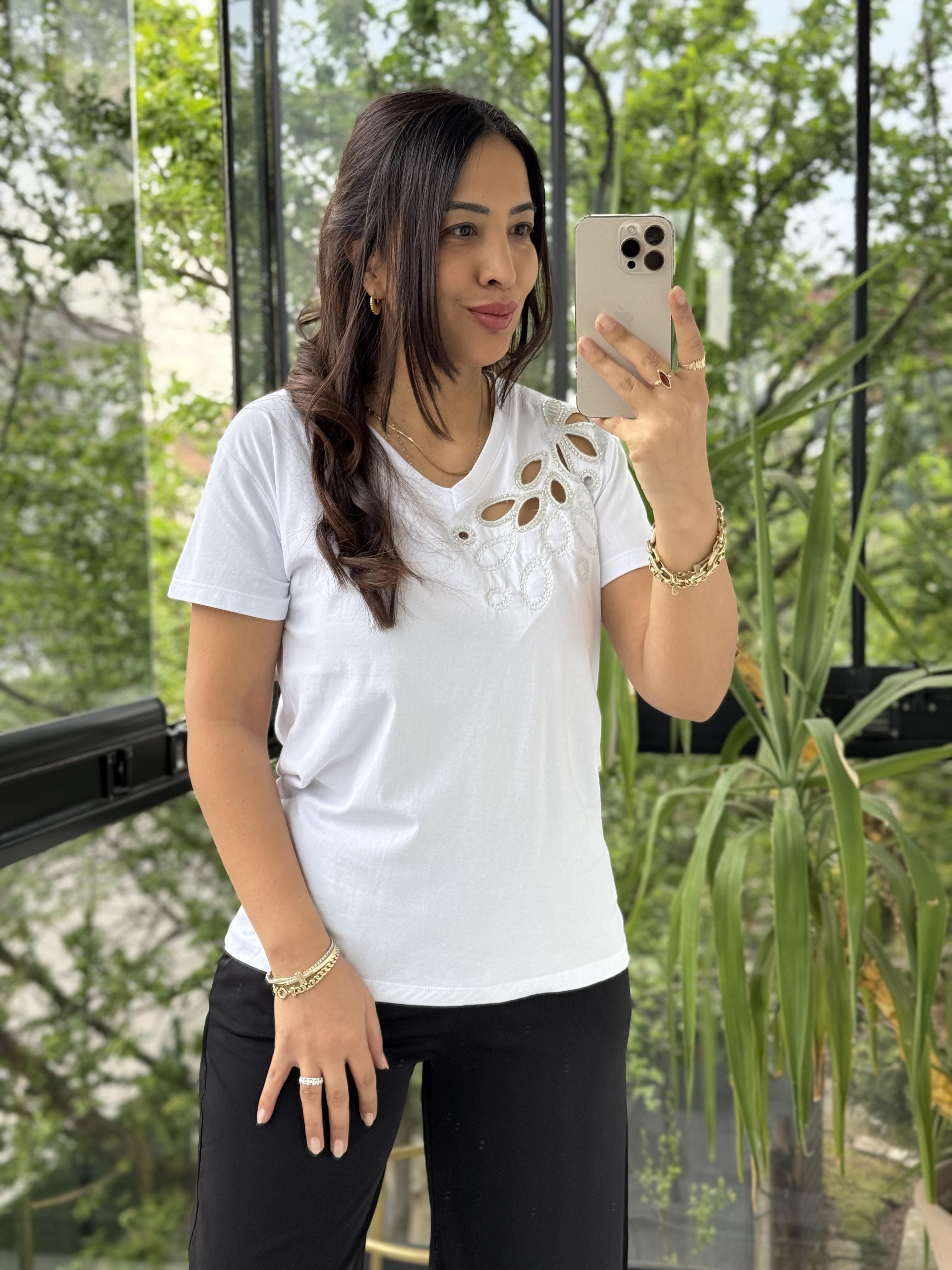 Tek Omzu Lazerli Boncuklu Beyaz