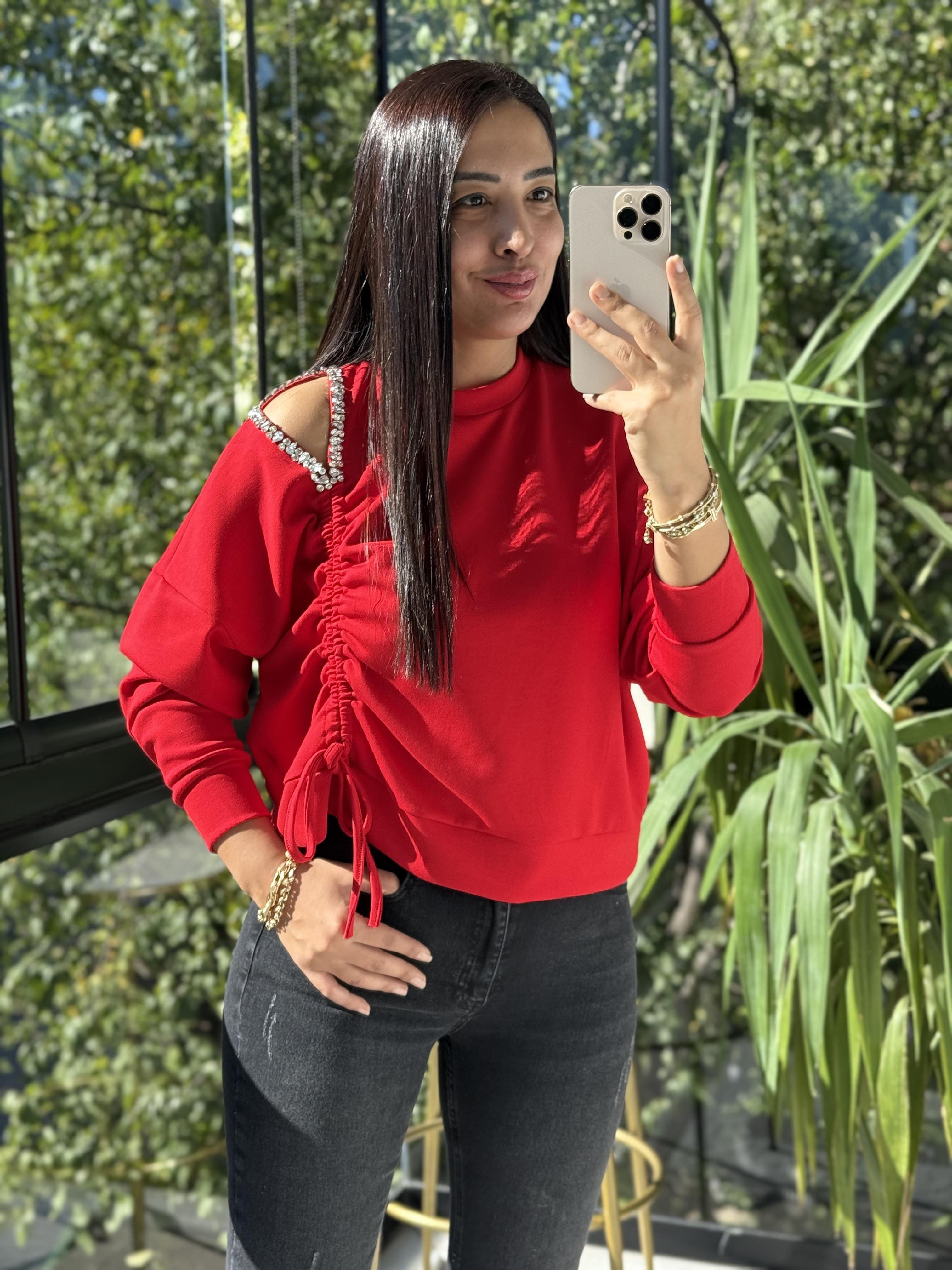 Taş Detay Kordonlu Modal Sweatshirt Kırmızı