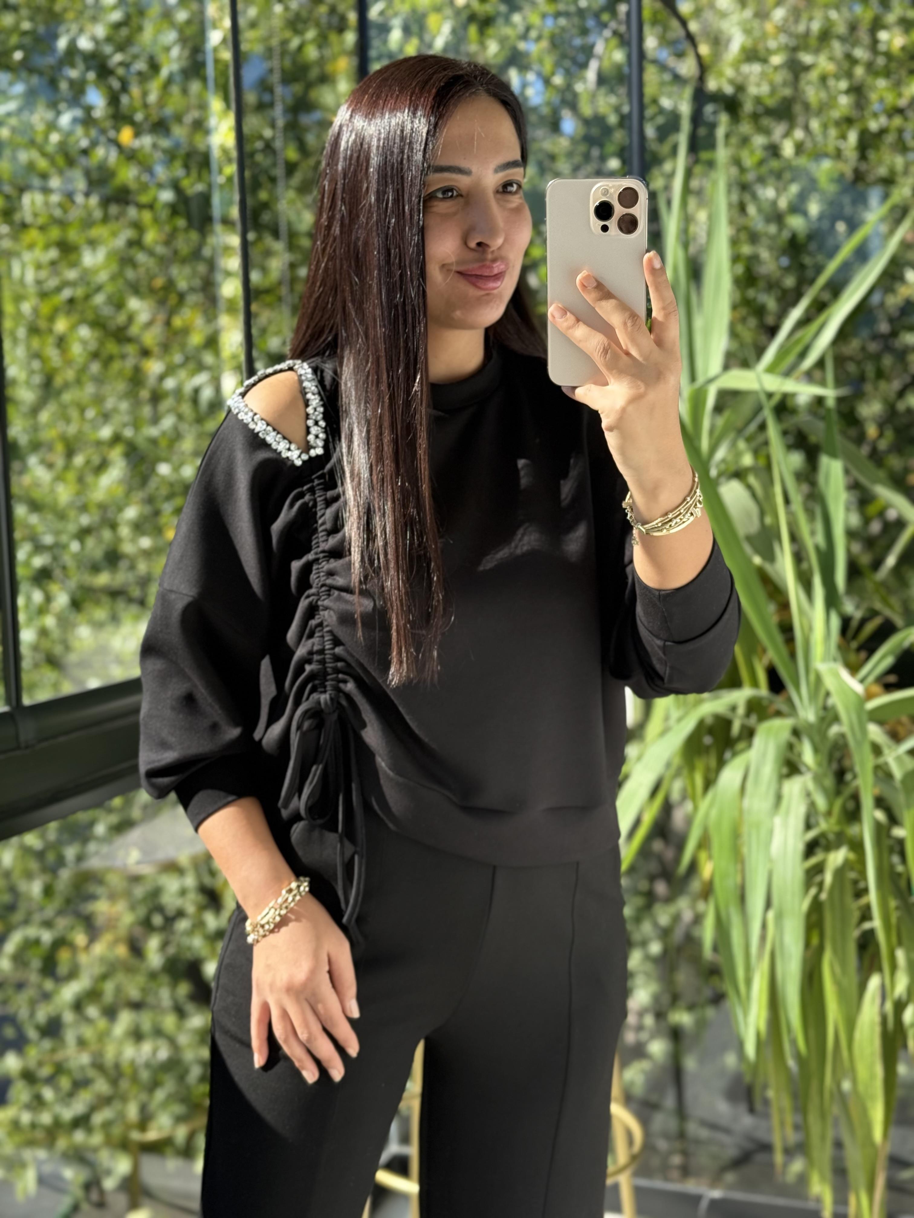 Taş Detay Kordonlu Modal Sweatshirt Siyah