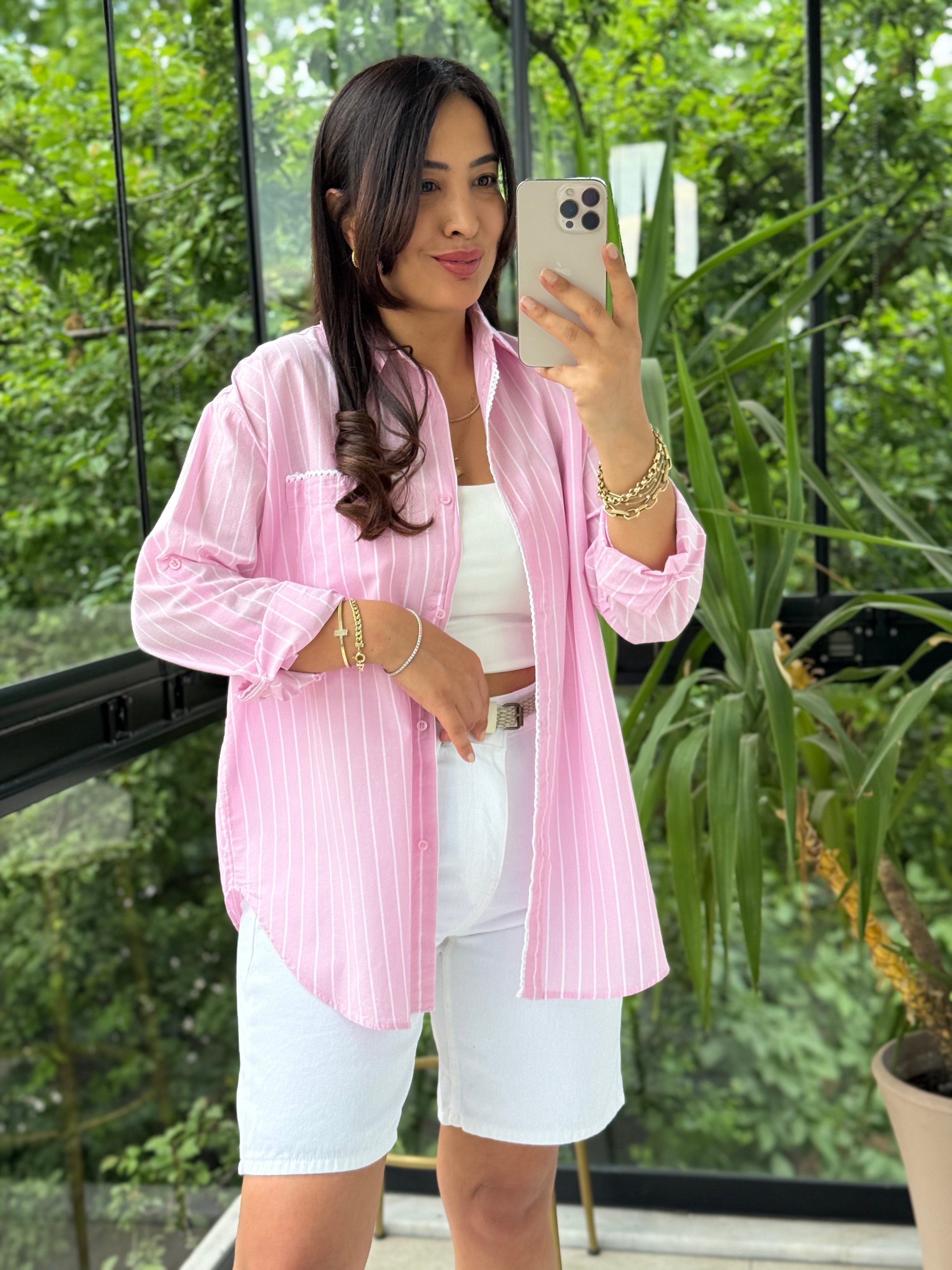 Motif Çizgili Cepli Gömlek Pembe