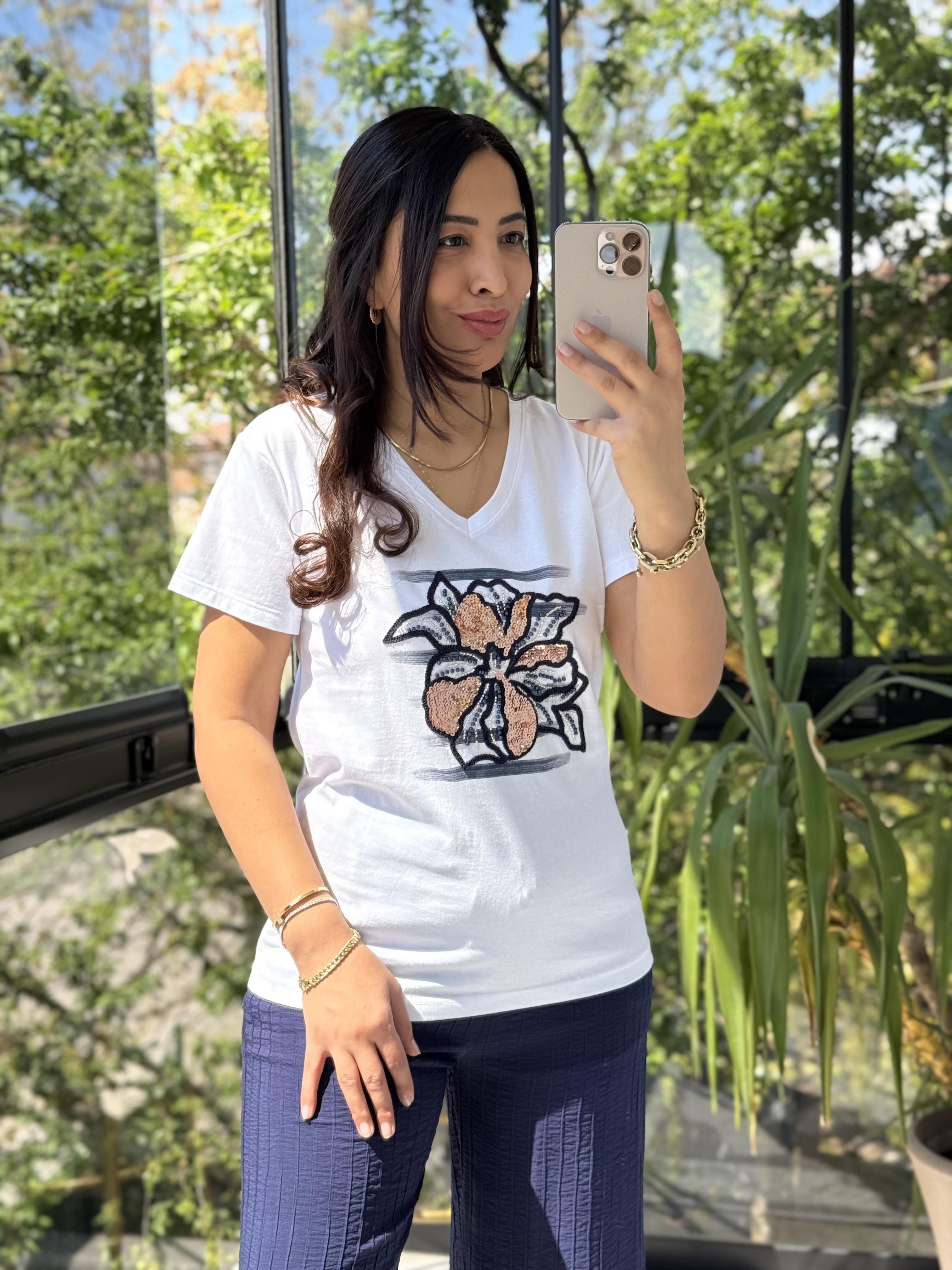 Gold Payetli Çiçek Tişört Beyaz