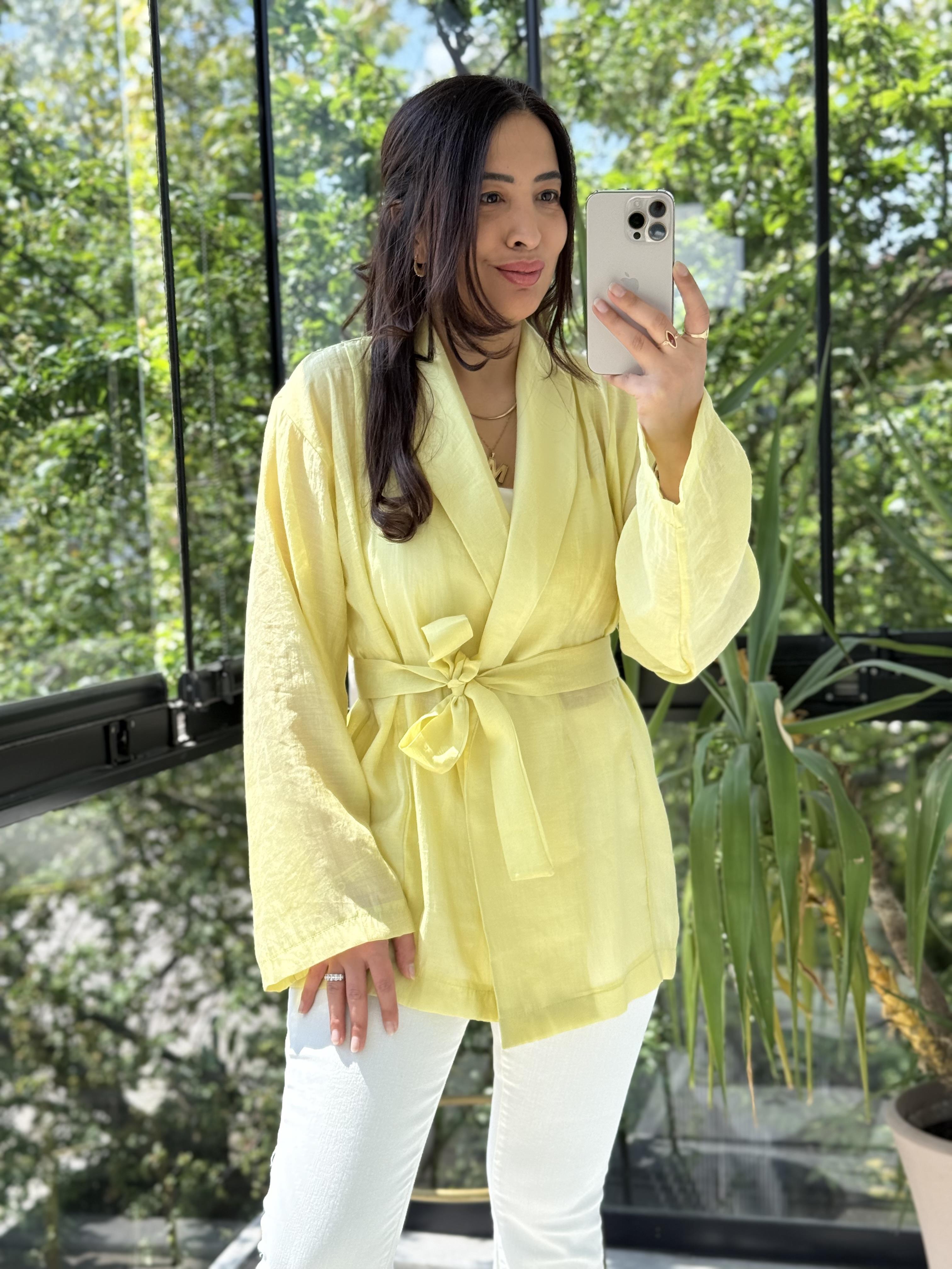 Kruvaze Yaka Bağlamalı Kimono Sarı