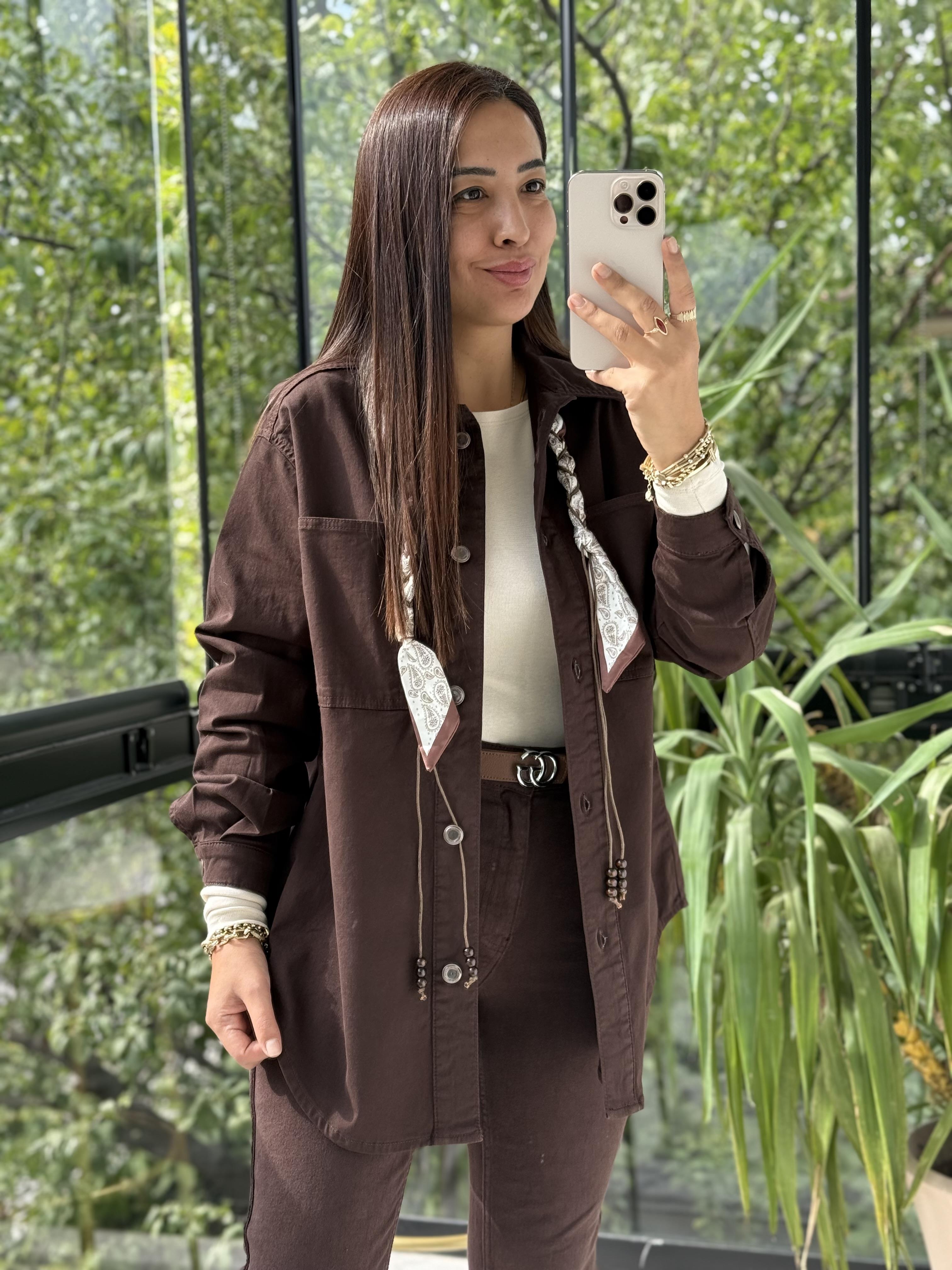 Düğmeli Oversize Gömlek Kahve