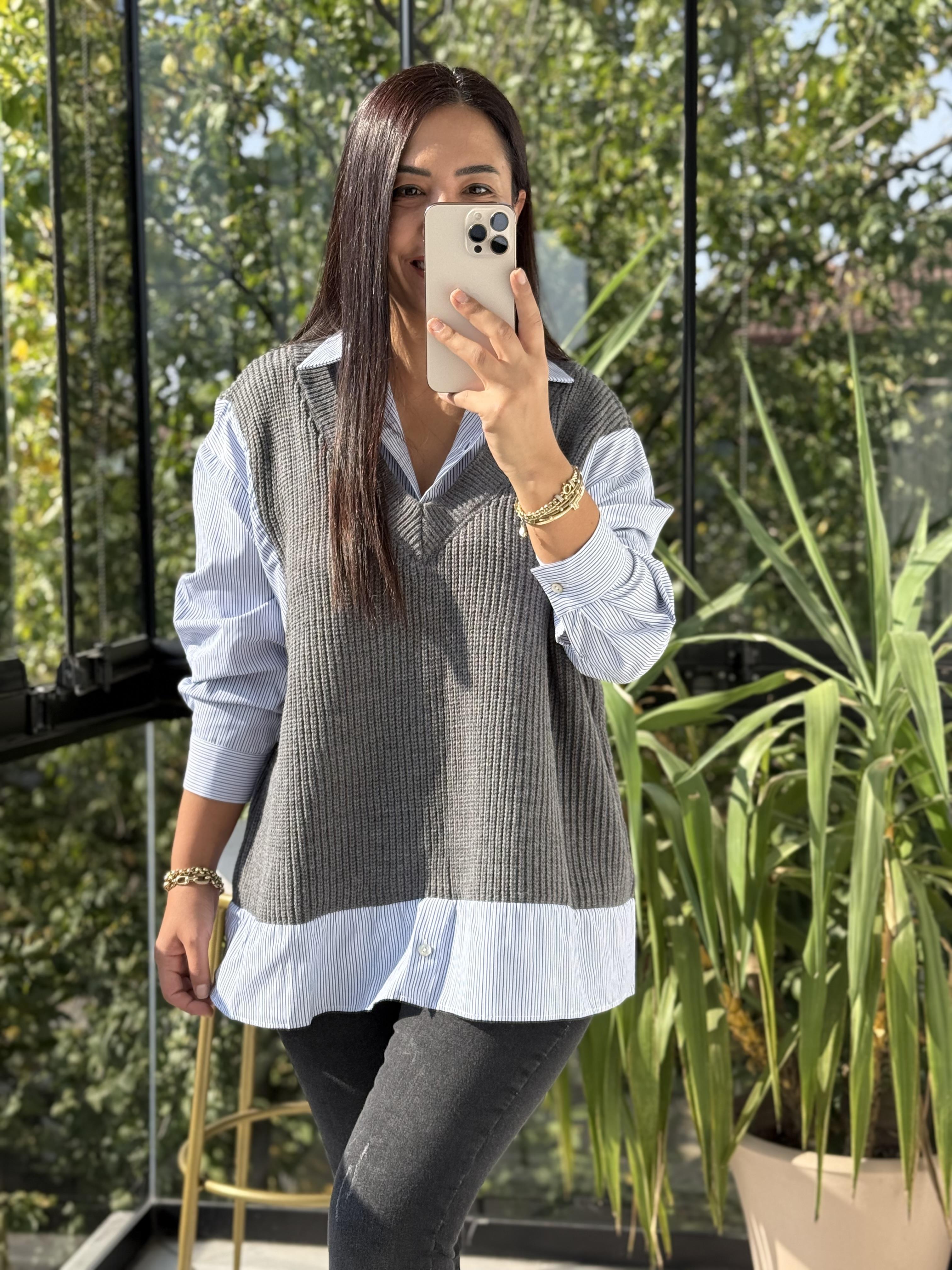 Poplin Gömlek Mix Süveter Gri