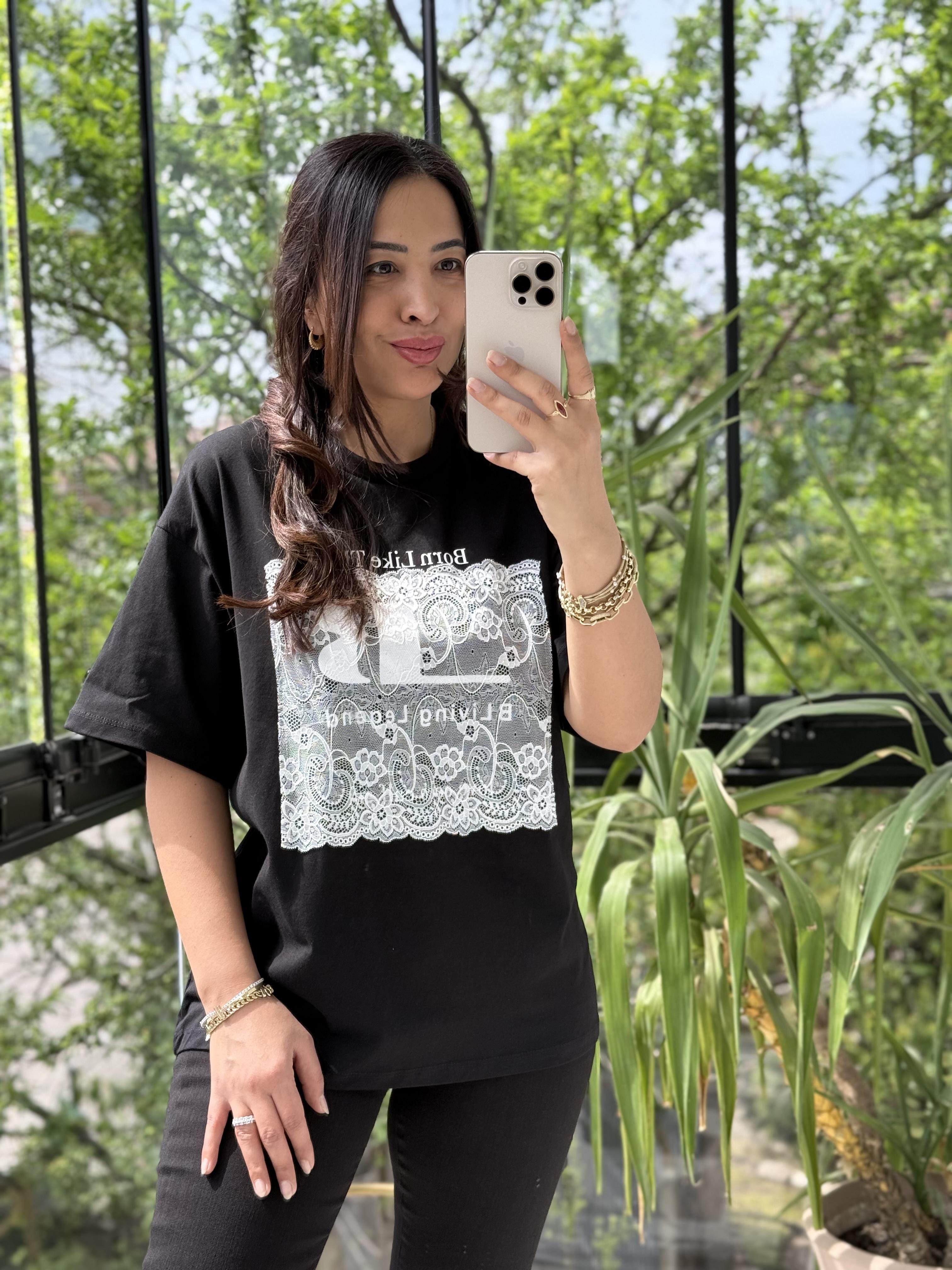 Tül Detaylı Yazılı Tişört Siyah